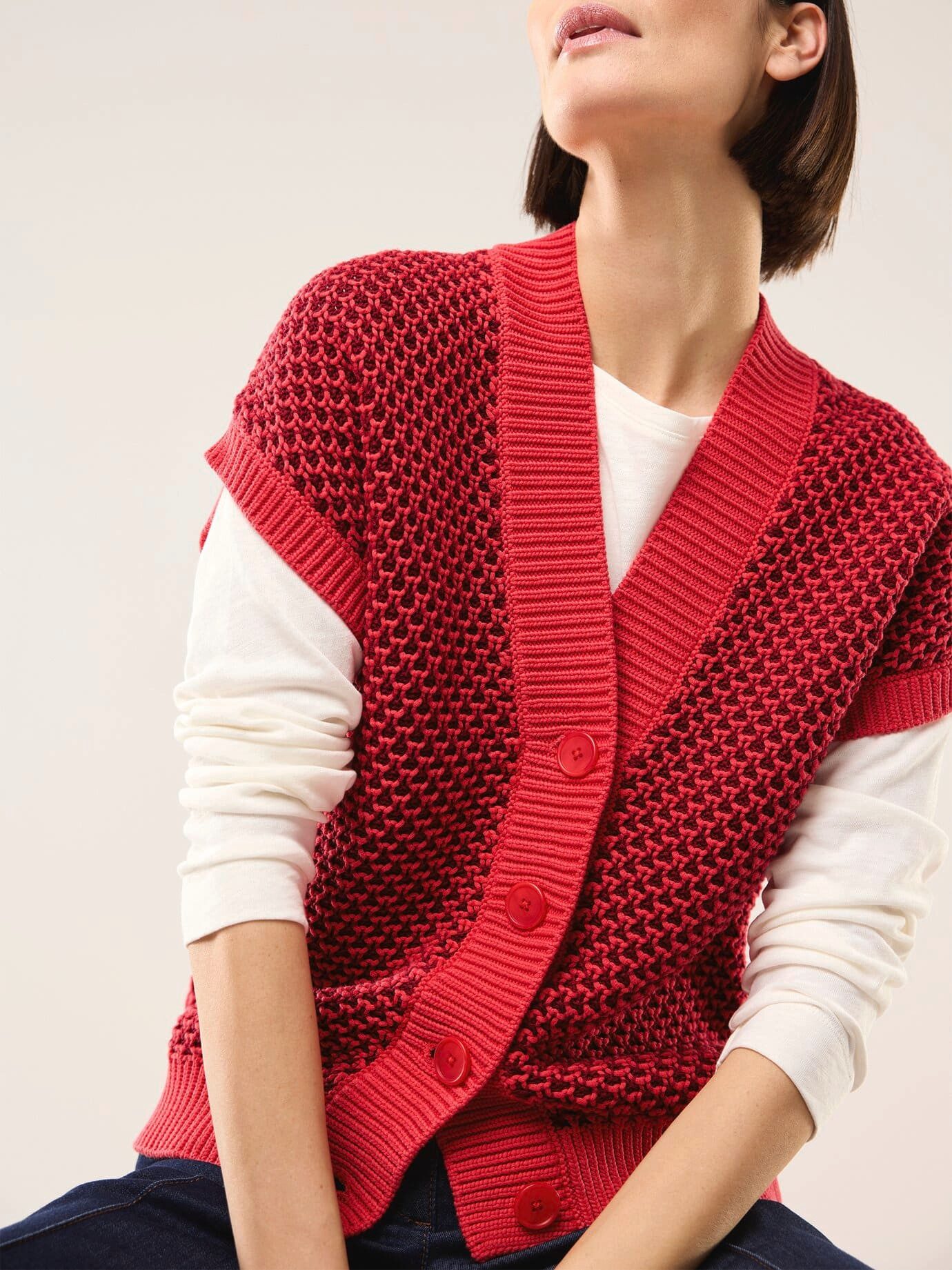 Walbusch Strickweste Damen Strickweste Waffelstruktur V-Ausschnitt, modern