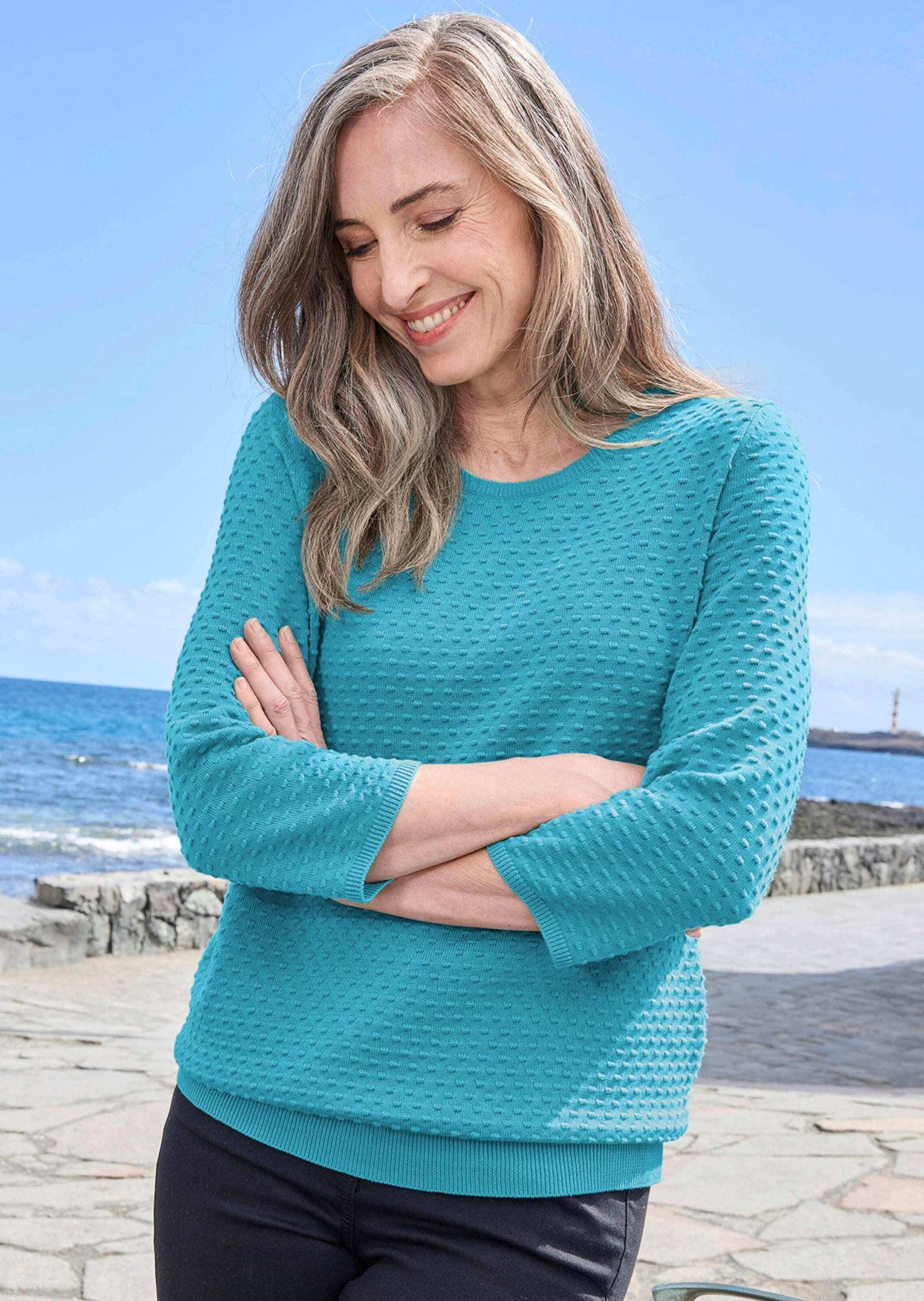 GOLDNER Strickpullover Kurzgröße: Halbarm Baumwollpullover mit Struktur Elegantes Strickoberteil mit Rundhals-Ausschnitt und 3/4-Ärmel