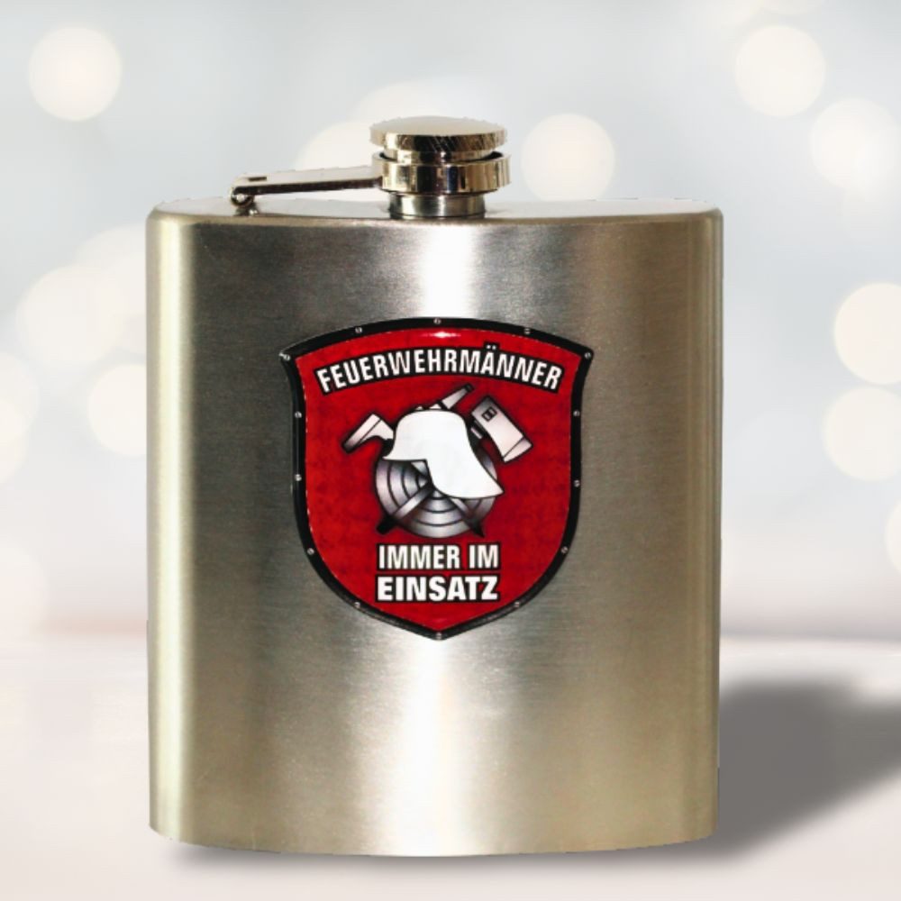 Andrea Geschenkewelt Flachmann Edelstahl Flachmann gebürstet 200 ml mit 3D Doming Männer Geschenk, - Feuerwehrmänner - das ideale Männergeschenk Feuerwehr Geschenk