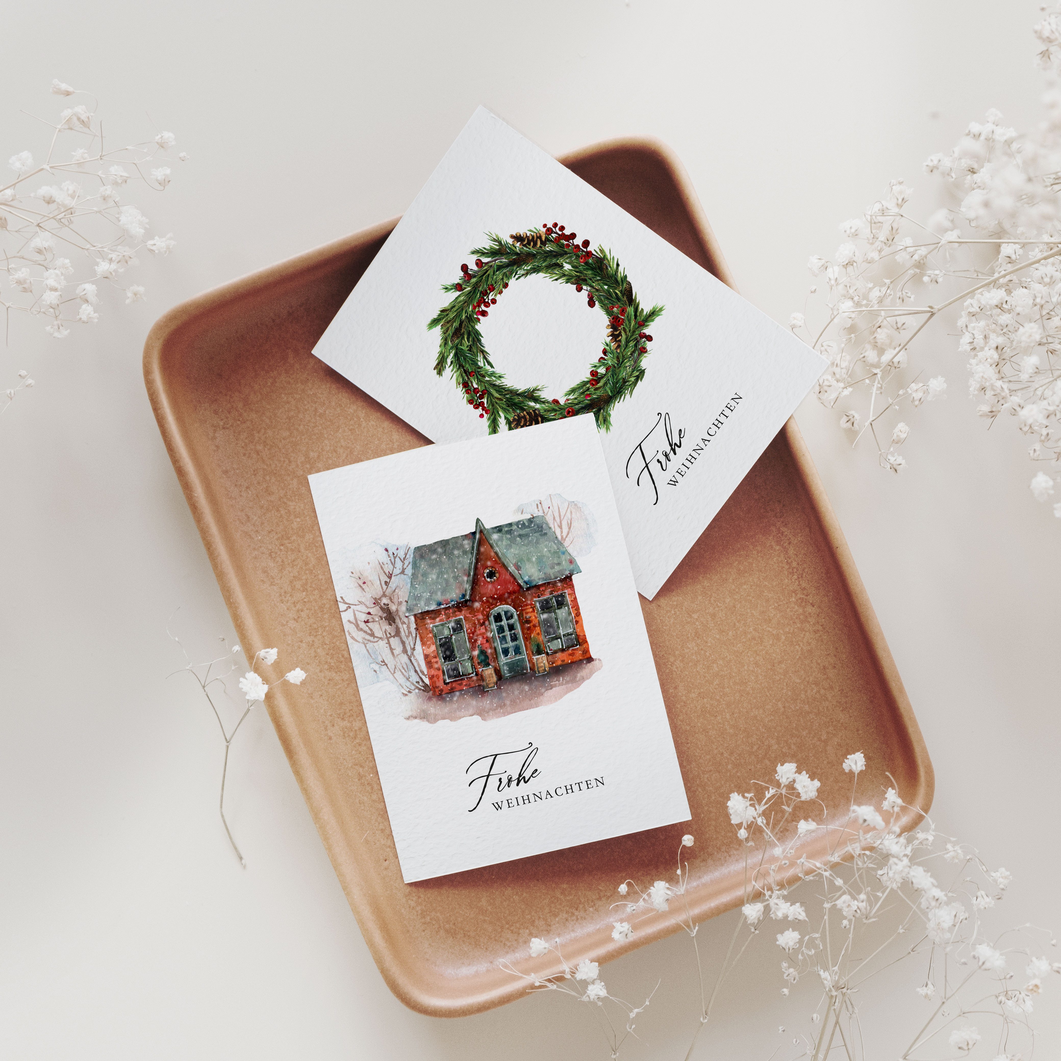 NORDEULE Weihnachtskarte Rotes Haus "Frohe Weihnachten", 3 STÜCK Grußkarten & Briefumschlag, ideal für Grüße Weihnachtsgeschenke Adventskalender DIY Kundenpräsente