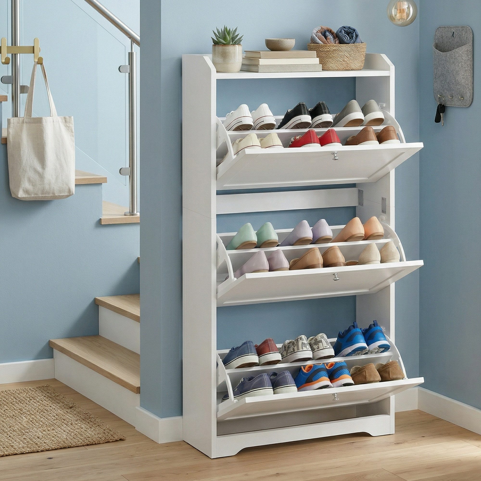 VASAGLE Schuhschrank 3 Klappen, Schuhkipper, Schuhaufbewahrung, Flur, 24 x 60 x 121,2 cm Oberplatte, Trennwand verstellbar, für bis zu 12-20 Paar Schuhe, weiß