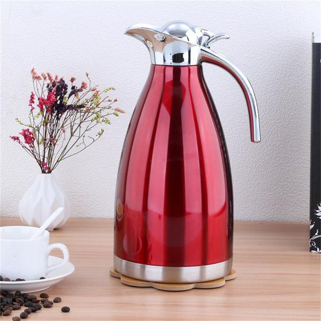 Heißwasserkocher, 2.0L DÖRÖY Rot Edelstahl-Wasserkocher, Isolierter Kaffeekanne Isolierkanne