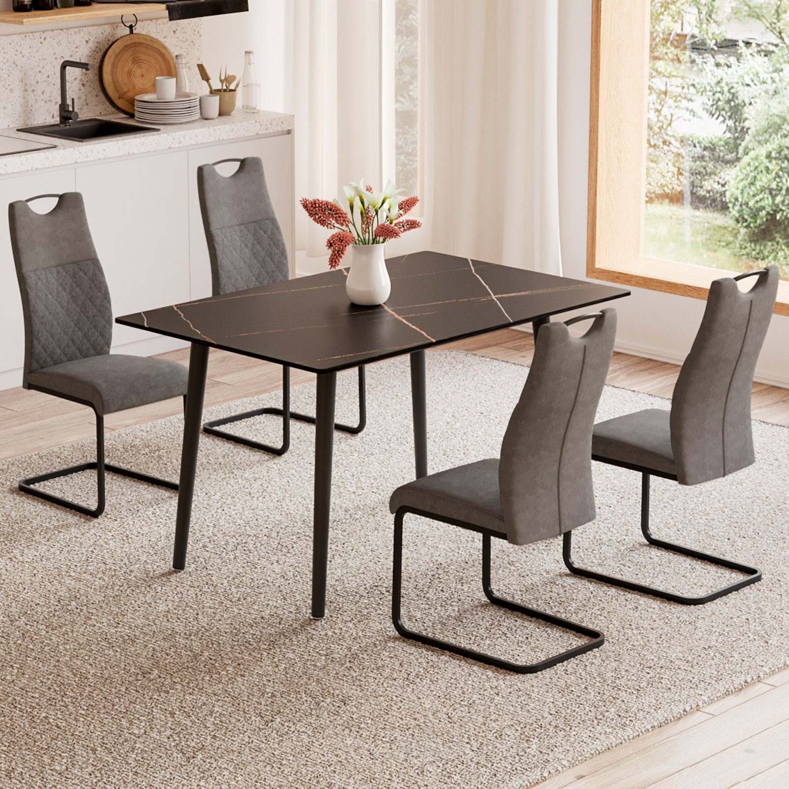 Jiexi Esszimmerstuhl Esszimmerstuhl Grau gepolstert mit Freischwinger Gestell 2er/4er/6er (Set), Schwingstuhl – Bild 4 von 5