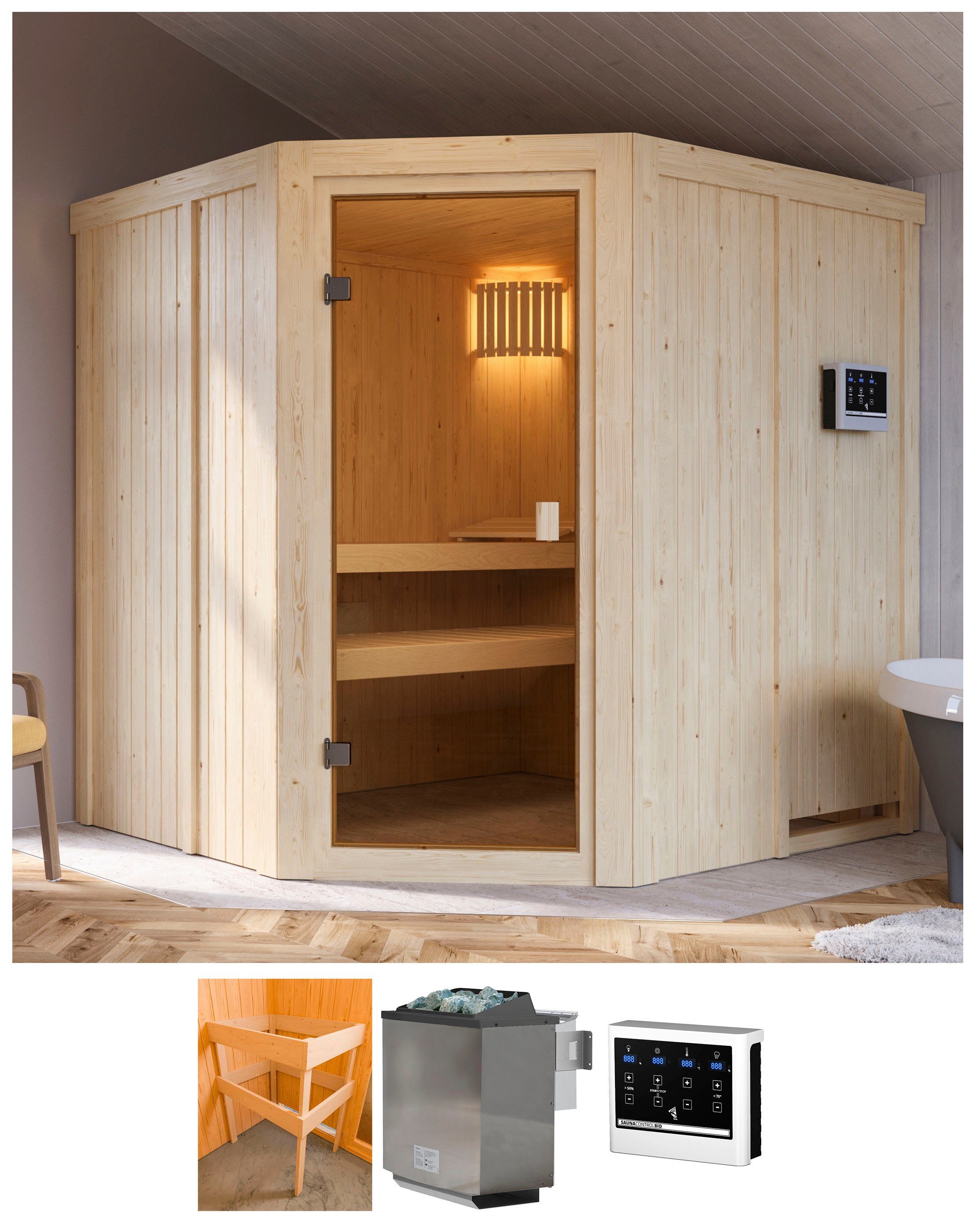 Karibu Sauna Bodo, BxTxH: 196 x 178 x 198 cm, 68 mm, mit Ofen 9 kW Bio mit ext. Strg.
