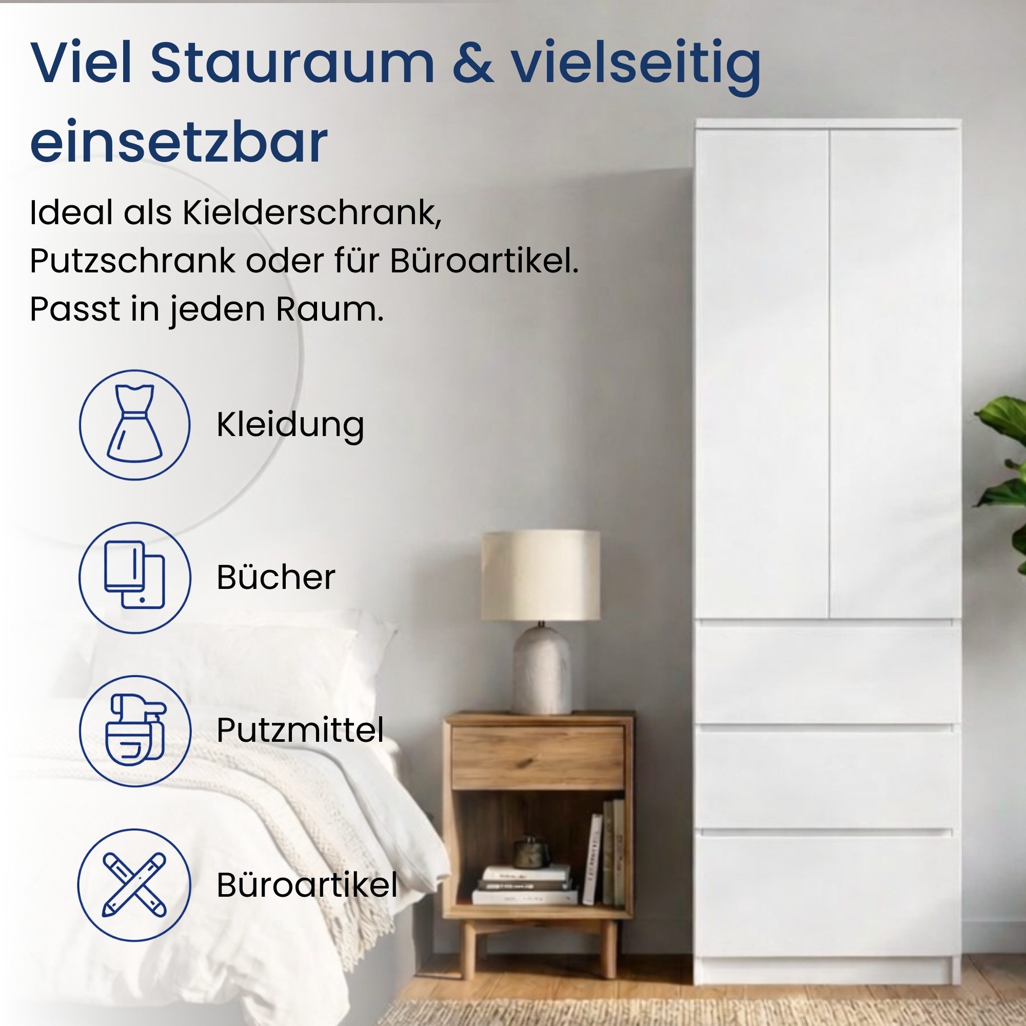 Home Collective Kleiderschrank Garderobenschrank Mehrzweckschrank Schrank platzsparend & vielseitig (50x40x180,5 cm (BxTxH), ideal für Schlafzimmer Flur & Arbeitszimmer) mit 2 Türig 3 Einlegeböden & 3 Schubladen in weiß