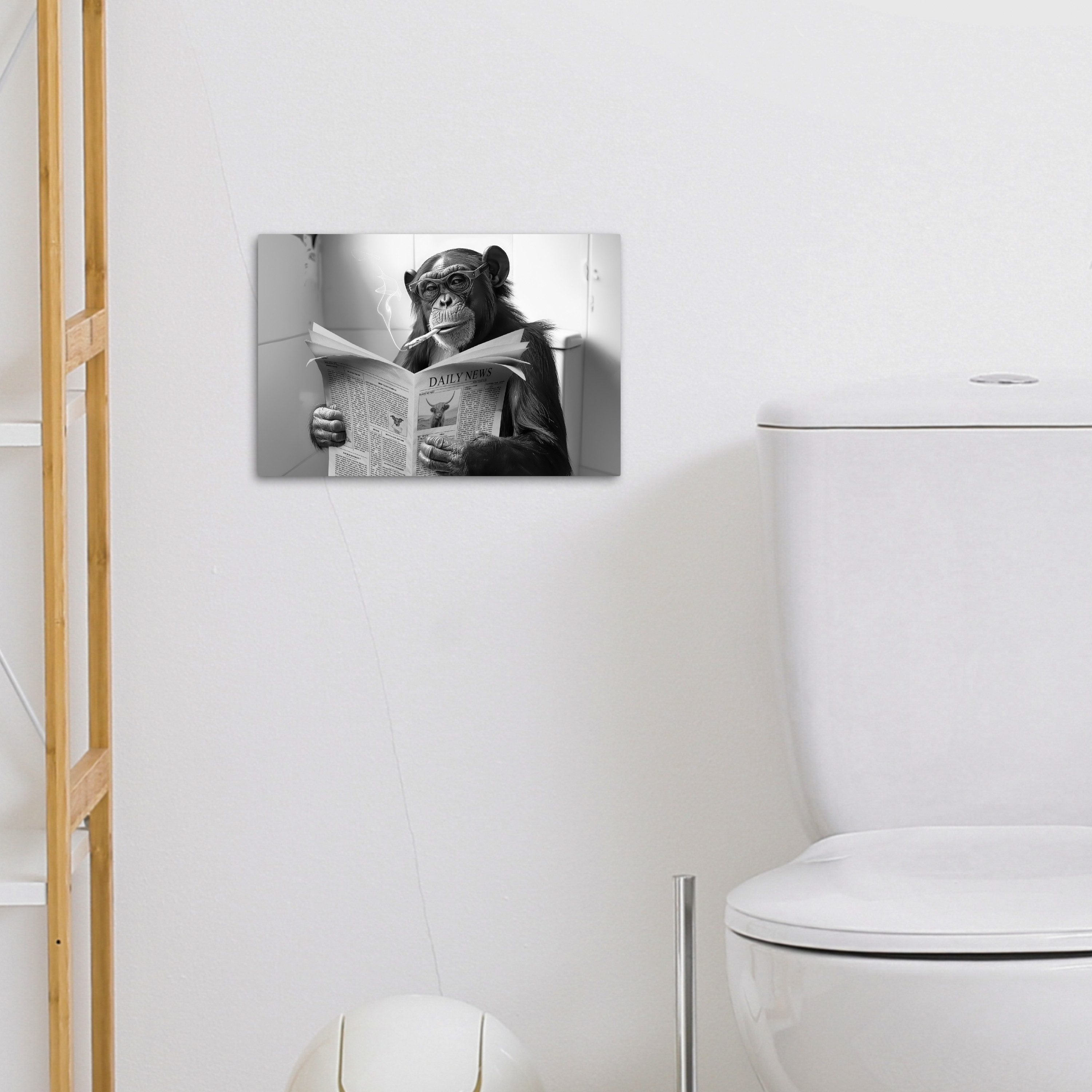 OneMillionCanvasses® Leinwandbild Schimpanse - Affe - Zeitung - Toilette - Humor, Fotodruck (1 St), Bilder für Badezimmer, Bad und Toiletten Deko, Bild WC 30x20 – Bild 4 von 5