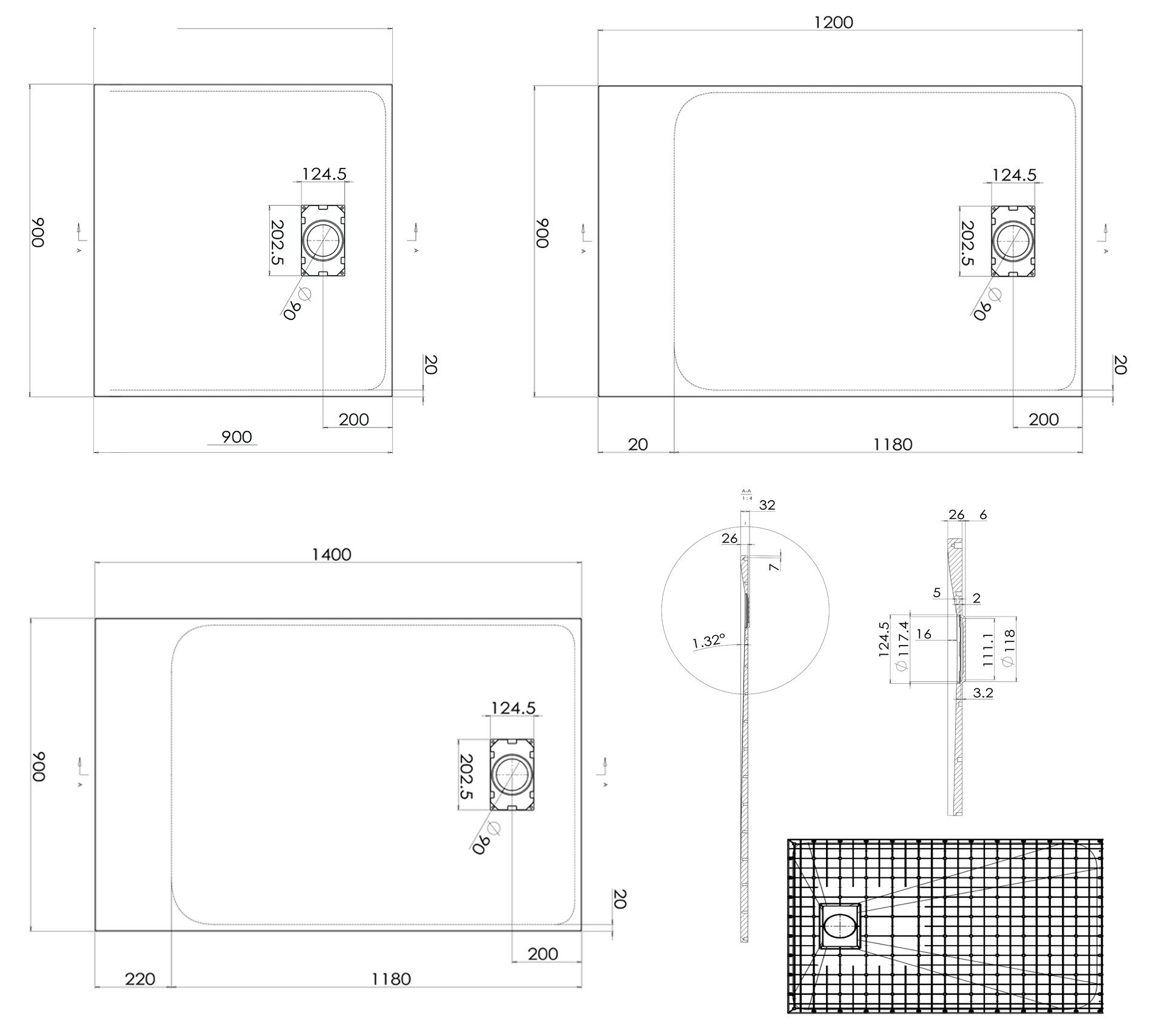 Bernstein Rechteckduschwanne Duschtasse GT-Serie, SMC, Duschwanne quadratisch 90x90cm SMC Struktur inkl Ablauf Typ B