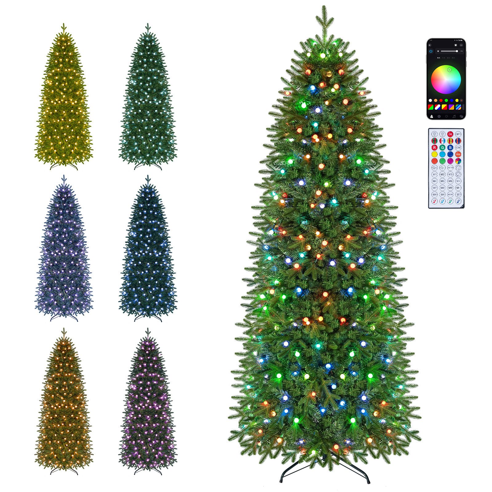 COSTWAY Künstlicher Weihnachtsbaum 225/190 cmBleistift Weihnachtsbaum mit mehrfarbige LED-Leuchten