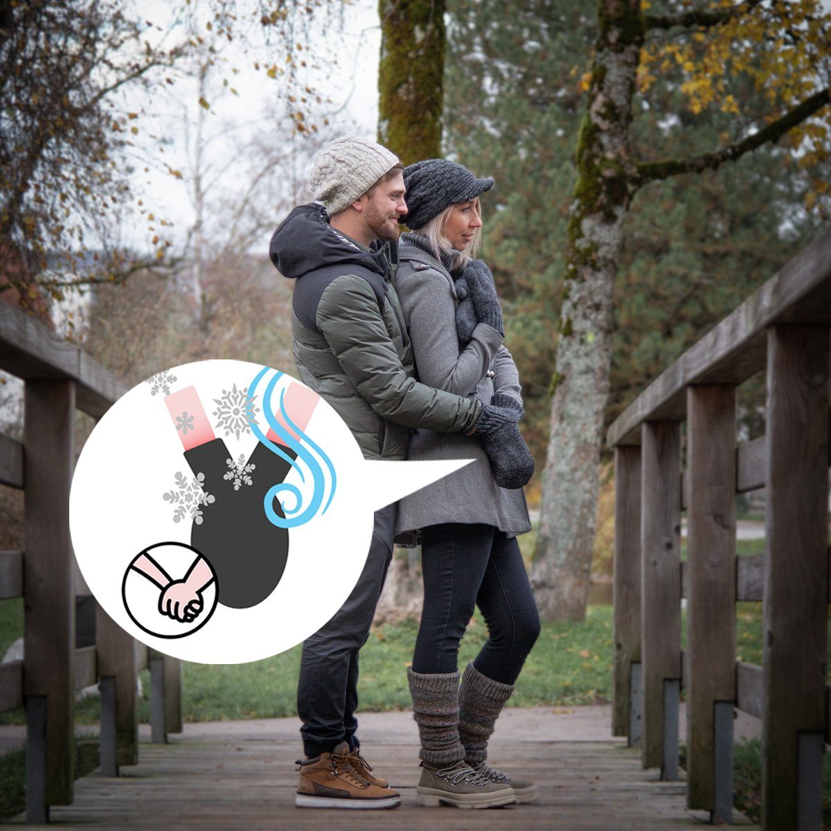 McRon Strickhandschuhe Pärchenhandschuh Modell Fleece zum Valentin gefüttert Handschuh komplett Naturhellgrau Ein mit Händchenhalten