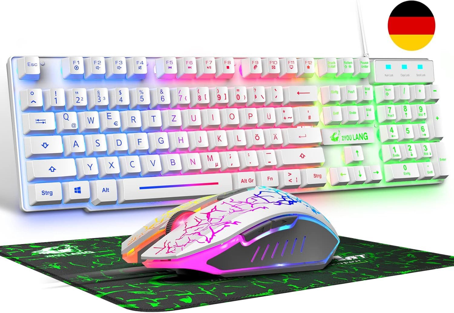 ZIYOU LANG Deutsches DE Layout Kabelgebundene Gaming 104 tasten LED Regenbogen Tastatur- und Maus-Set, 2400 DPI 6-Tasten-Maus Tastatur kompatibel mit PC PS5 PS4 Xbox