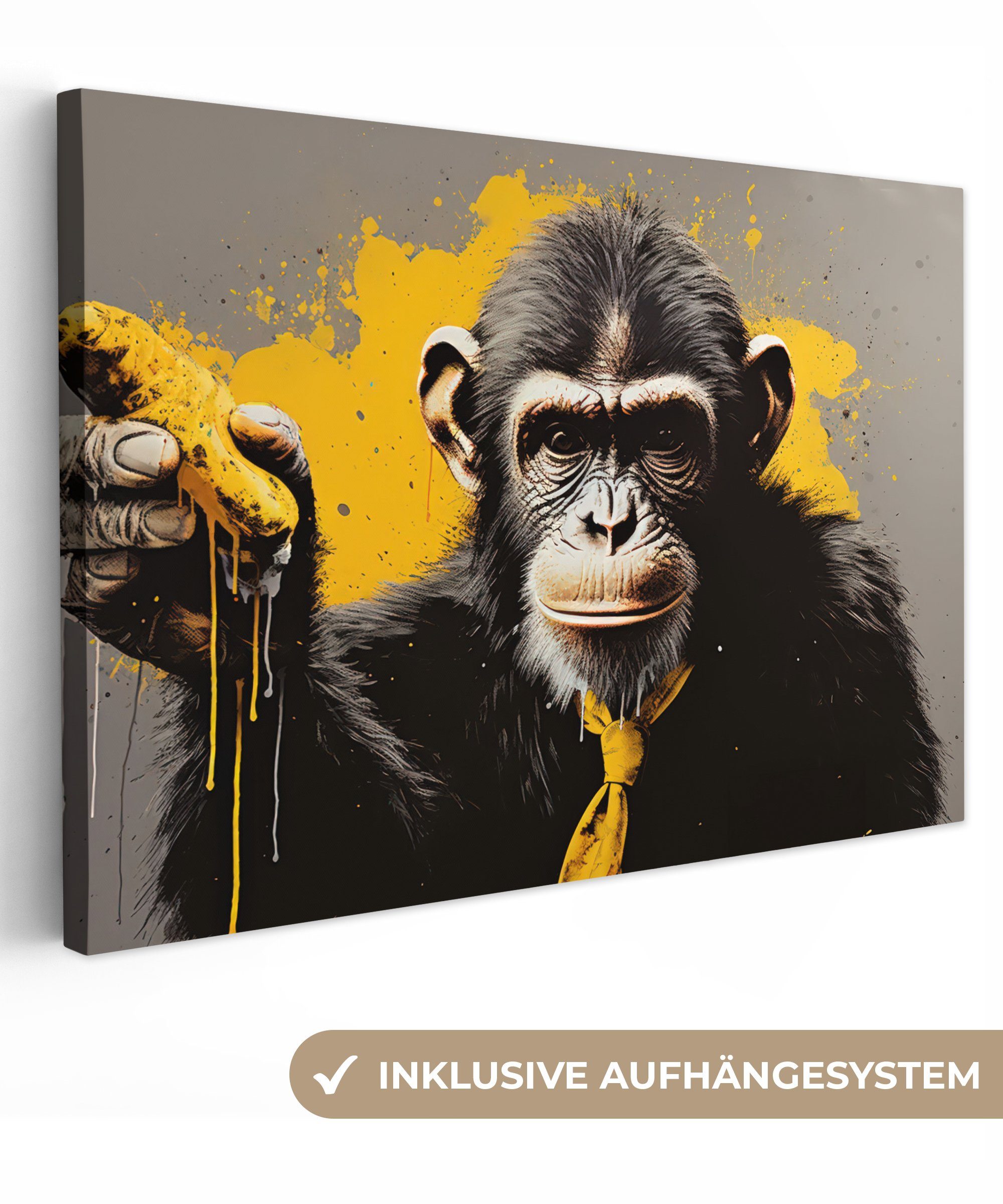 OneMillionCanvasses® Leinwandbild Affe - Schimpanse - Banane - Gelb - Tiere - Krawatte, (1 St), Wandbild Leinwandbilder, Aufhängefertig, Wanddeko, 30x20 cm