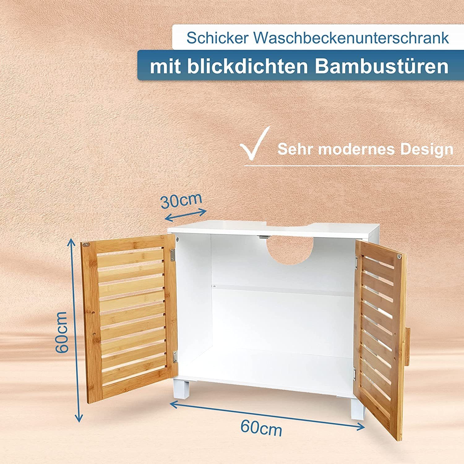 osoltus Badregal osoltus Bad Waschbecken Unterschrank Kopenhagen Bambus Holz Weiß – Bild 4 von 5