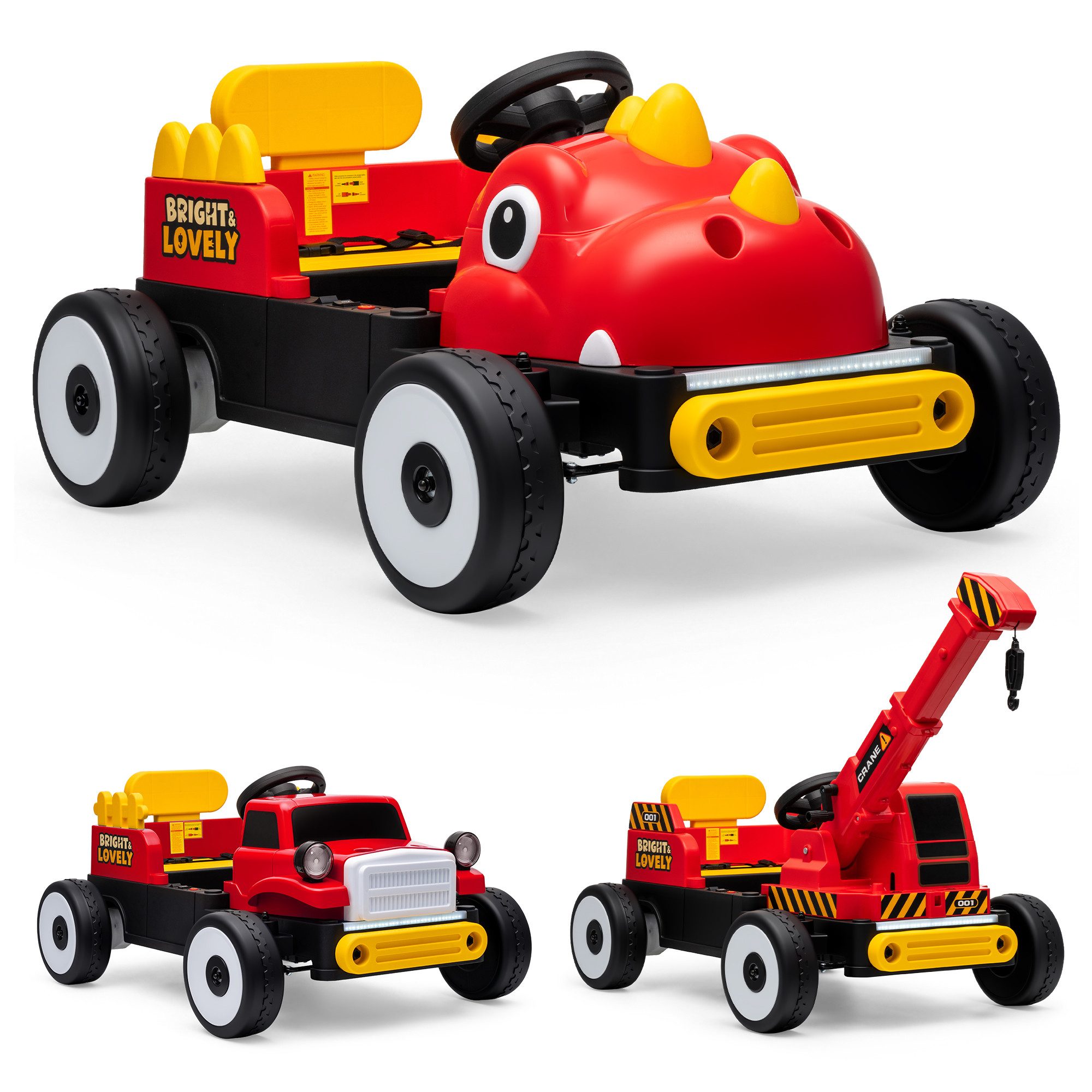 GarveeMore Elektro-Kinderauto Kinder Elektroauto 12V 3-in-1, Verwandlungsauto mit Dinosaurier & Kran