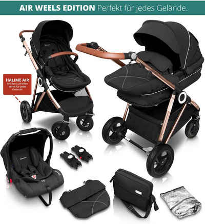 BabyGo Kombi-Kinderwagen Halime AIR 3in1, Anthracite Gold, mit Luftreifen, inkl. Babywanne, Babyschale, Regenhaube & Wickeltasche