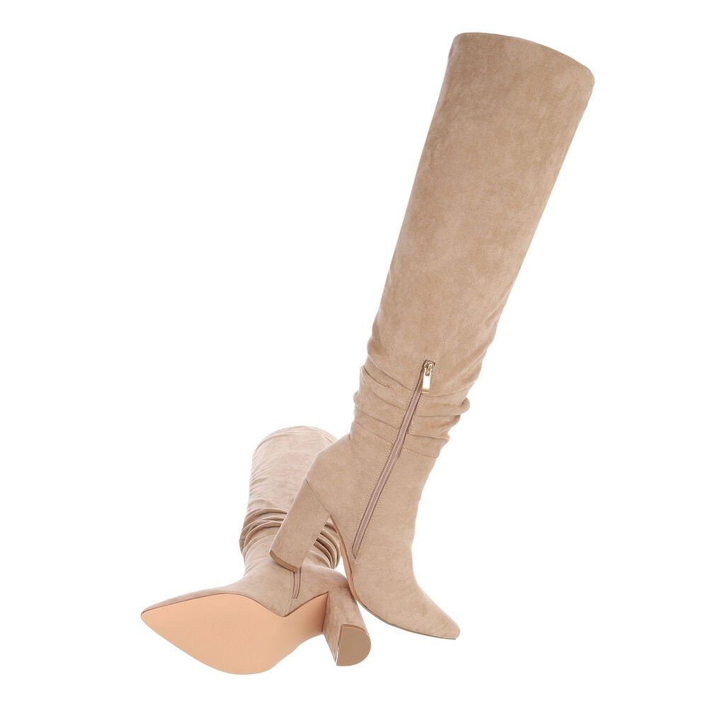 Ital-Design Damen Abendschuhe Party & Clubwear Overkneestiefel (85135729) Blockabsatz High-Heel Stiefel in Beige