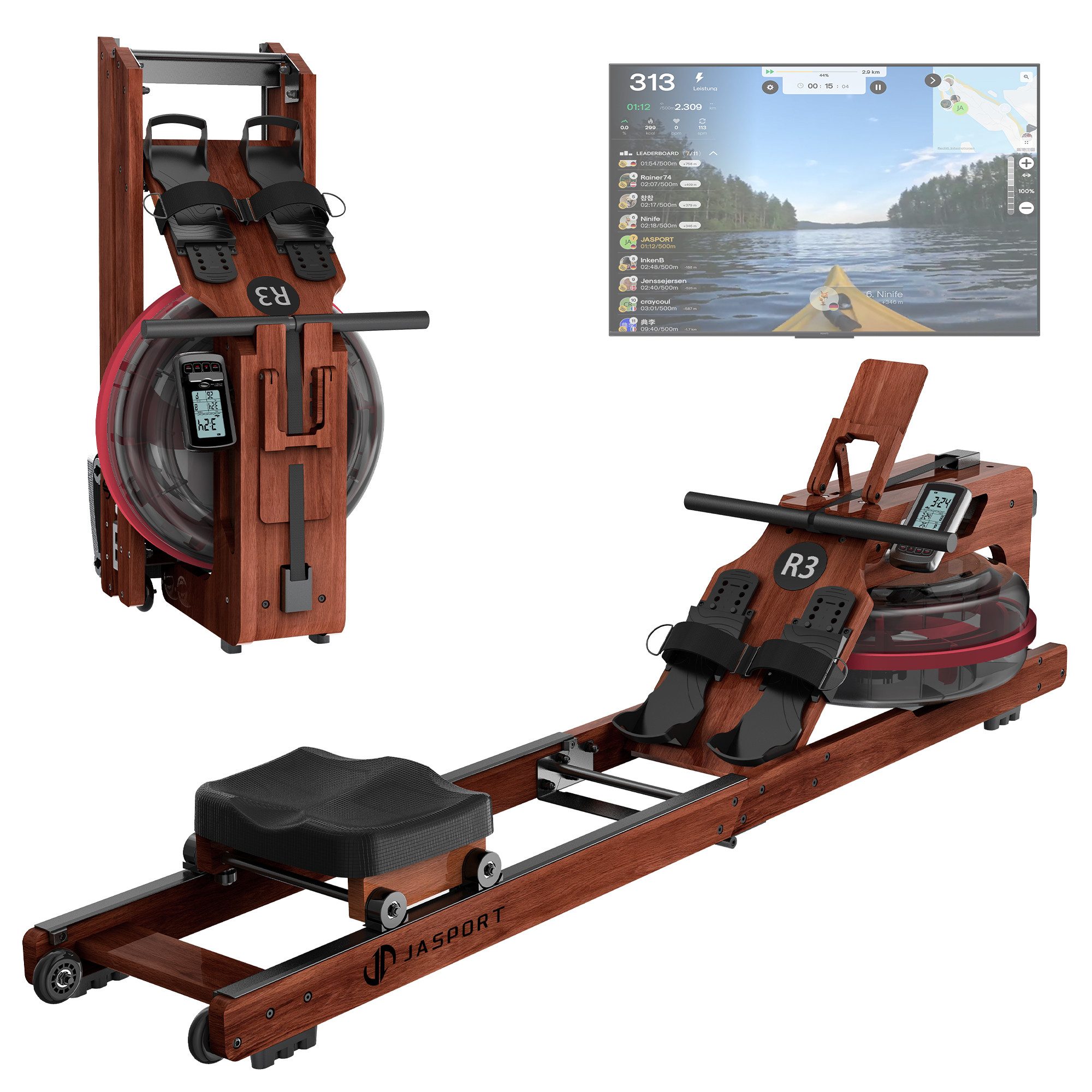 JASPORT Rudergerät R3 Klappbar Wasserrudergerät für Zuhause (aus Eiche, Klappbares Rudermaschine, Wasserbehälter mit MAX-Füllstand-Markierung), mit Trainingscomputer (Kinomap kompatibel) & Tablethalterung