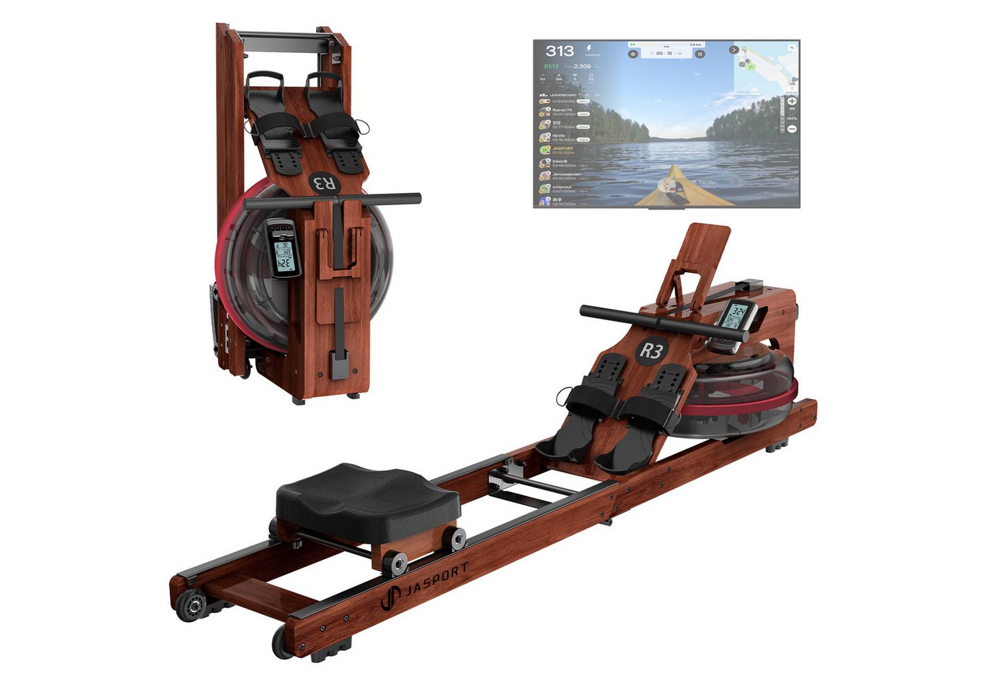 JASPORT Rudergerät R3 Wasser-Rudergerät klappbar Eichenholz LCD-Display Kinomap (Klappbares Rudergerät aus Eichenholz, Kinomap kompatibel & LCD-Trainingscomputer), 28-Liter-Wassertank, für Nutzer bis 205 cm, belastbar bis 150 kg