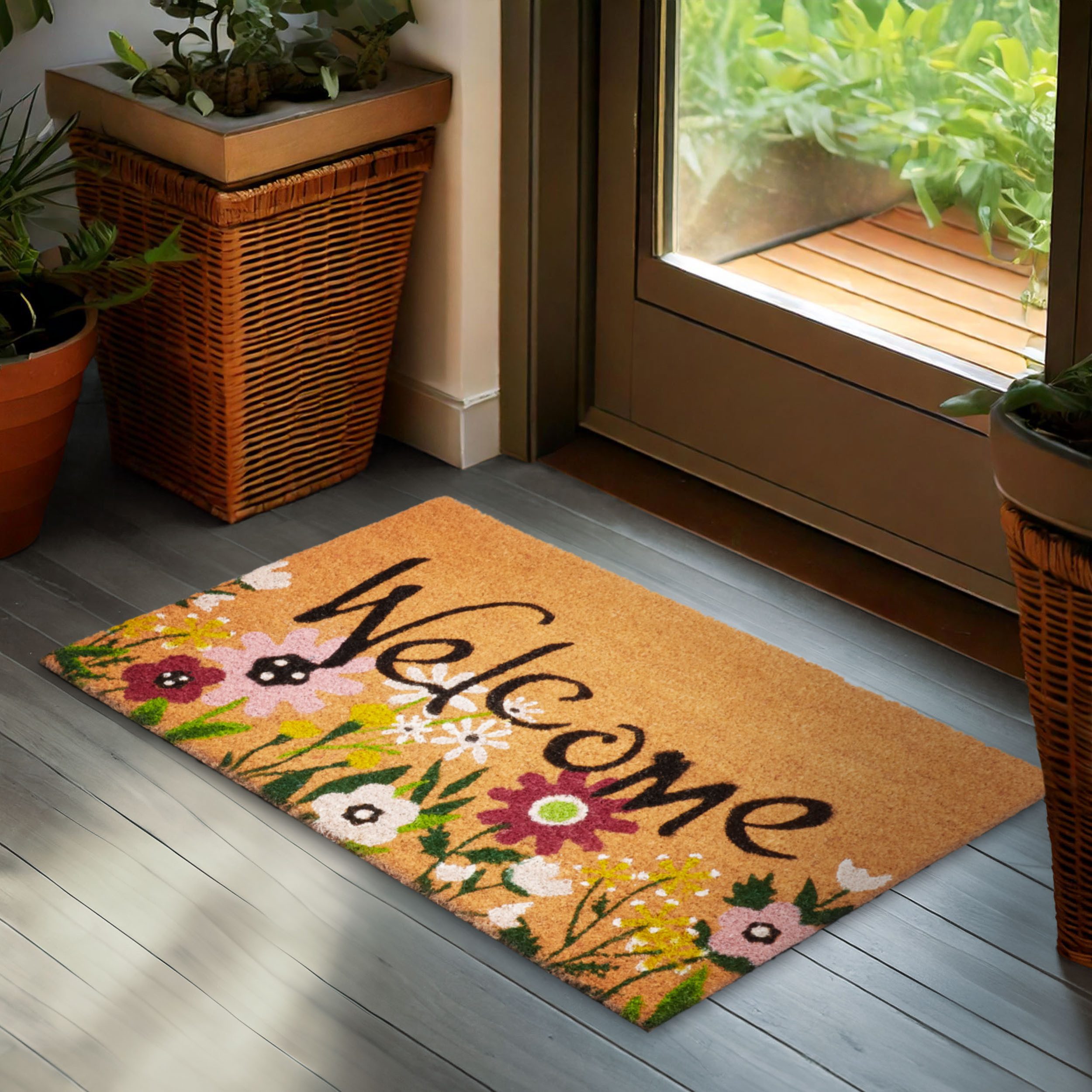 BRUBAKER Fußmatte Blumen und Pflanzen - 45 x 75 cm Schmutzfangmatte - Kokos Fußabtreter, Rechteckig, Höhe: 16 mm, Antirutsch Türmatte für Außen und Innen - Wetterfest und Rutschfest