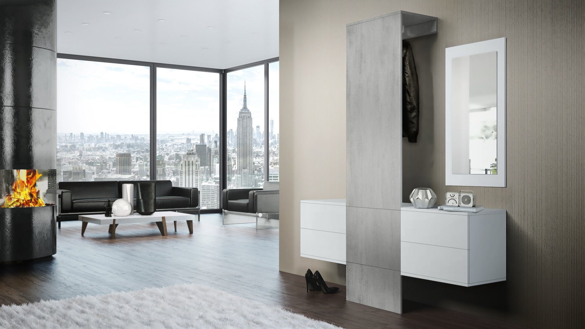 Vladon Garderoben-Set Carlton Set 3, (Wandgarderobe bestehend aus, ​ 1 Paneel, 2 Schubkastenschränke und 1 Wandspiegel), Weiß matt/Beton Oxid Optik (157 x 193 x 35 cm)