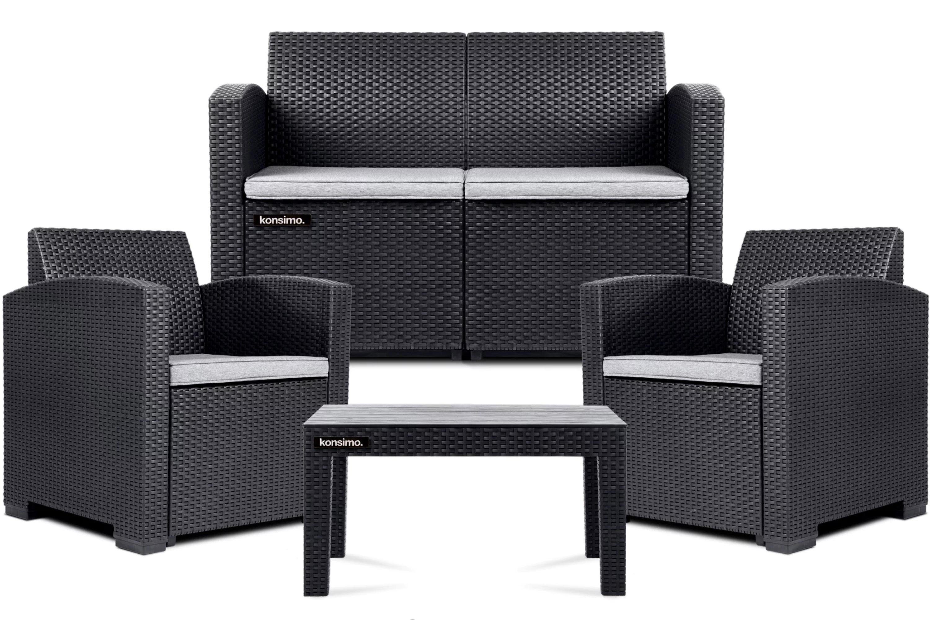 KONSIMO® Gartenlounge-Set HORILES Gartenmöbel-Set, Gartenlounge-Set, (2x Gartensessel, Maße: 67.6x76x61.5 cm, 1x Tisch, 1x Gartensofa, 4-tlg), Polyrattan, mit Auflage