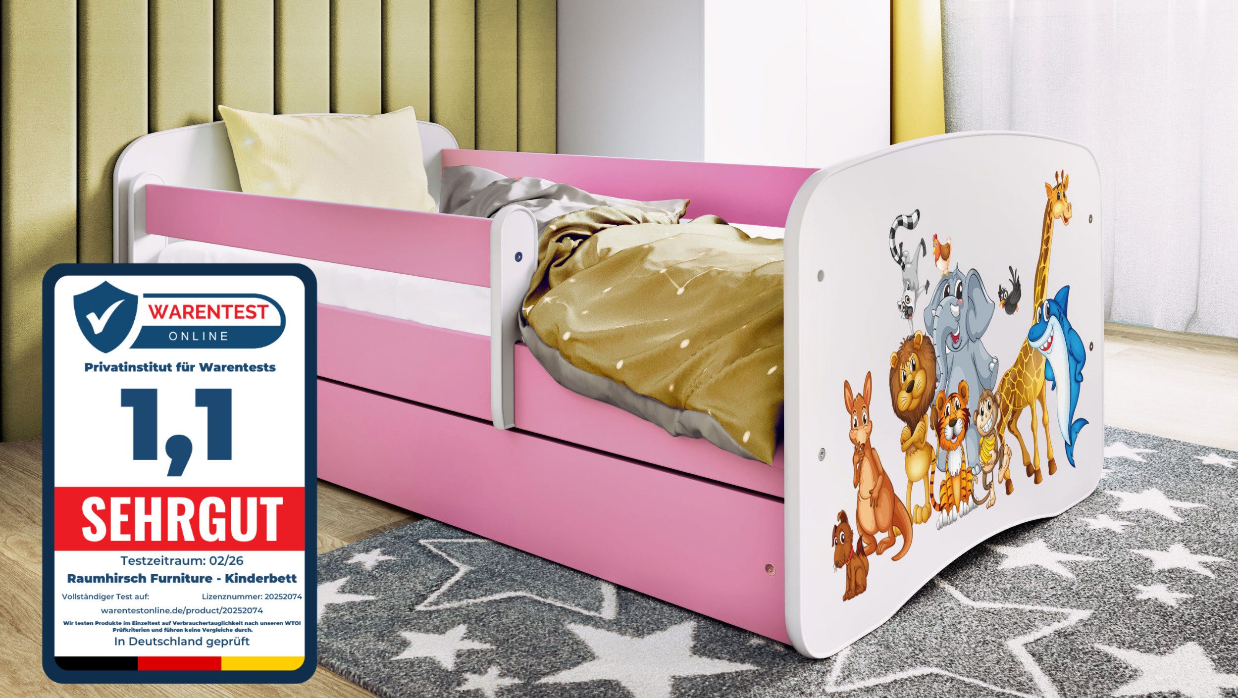 Raumhirsch Furniture Kinderbett 70x140, 80x160, 80x180 cm - Komplettset mit Matratze & Schublade (Bett für Mädchen, Einzelbett für Kinder von 2-12 Jahren, Rausfallschutz und Lattenrost), verschiedene Farben & Designs