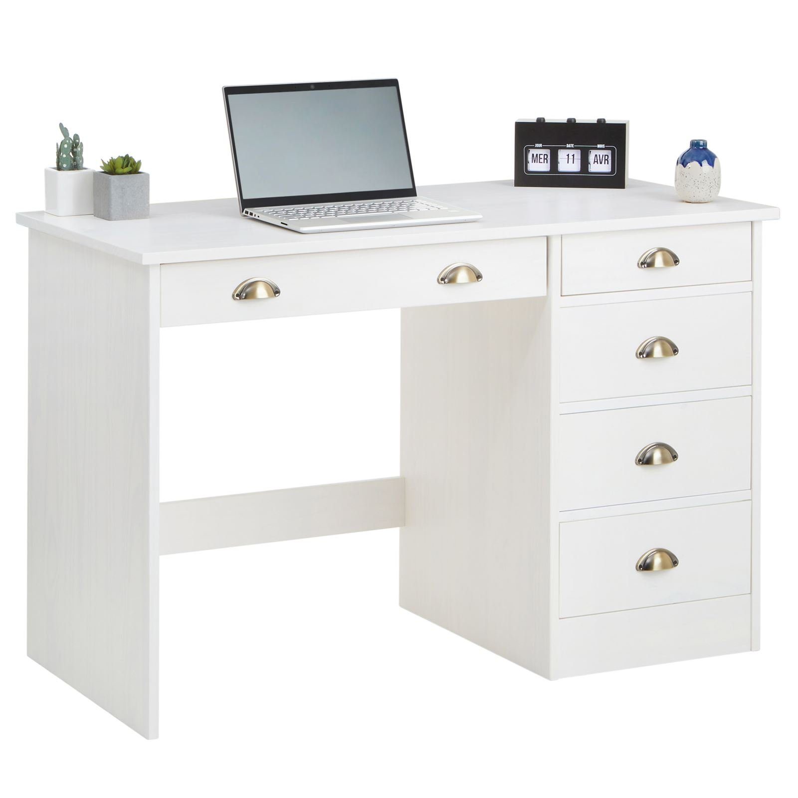 IDIMEX Schreibtisch LANA, Bürotisch mit 5 Schubladen Landhausstil Massivholz Muschelgriffe Weiß