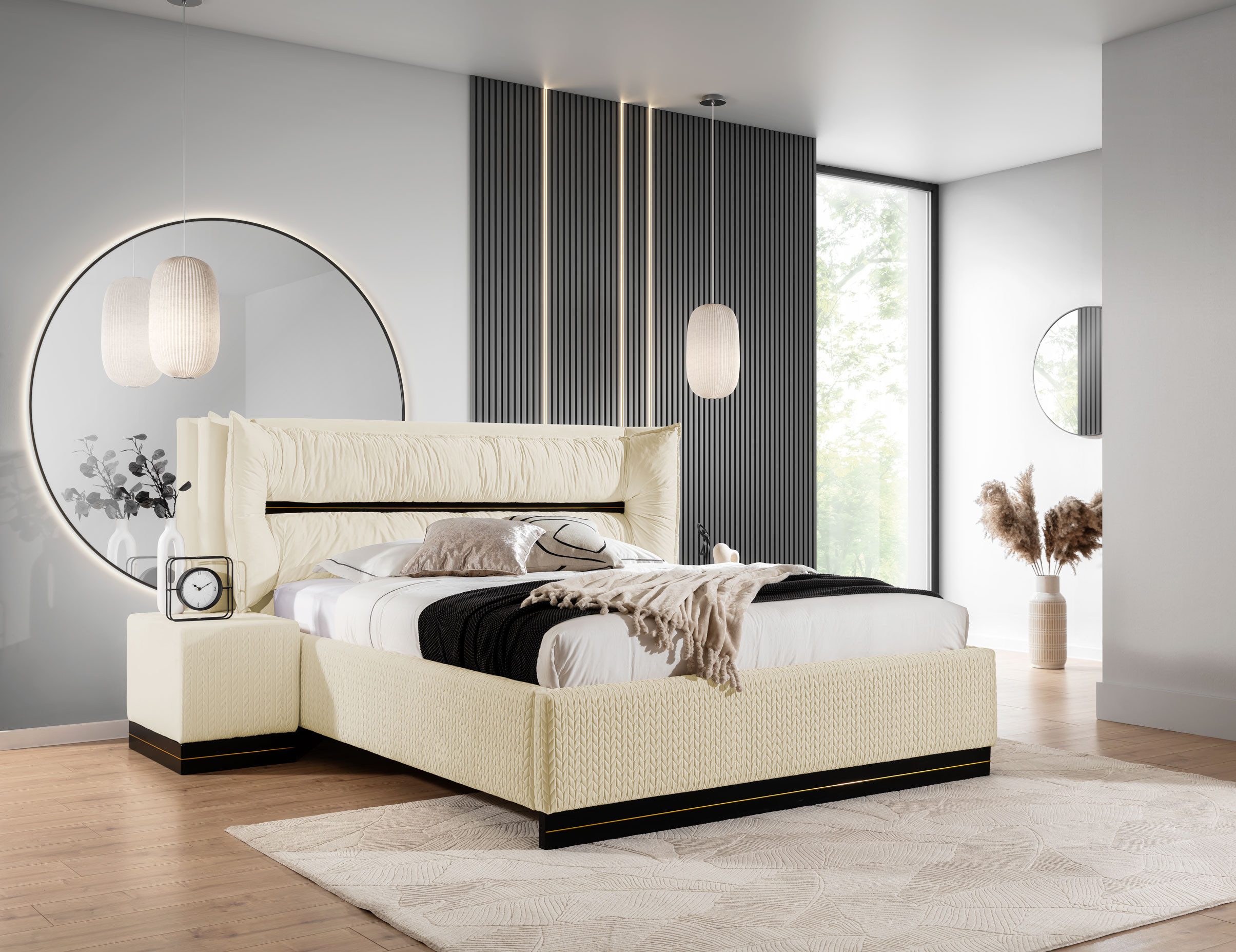 Fun Möbel Polsterbett Schlafzimmerbett HAMILTON Stoff Magic Velvet (mit Bettkasten, mit oder ohne Matratze), Gepolstertes Kopfteil