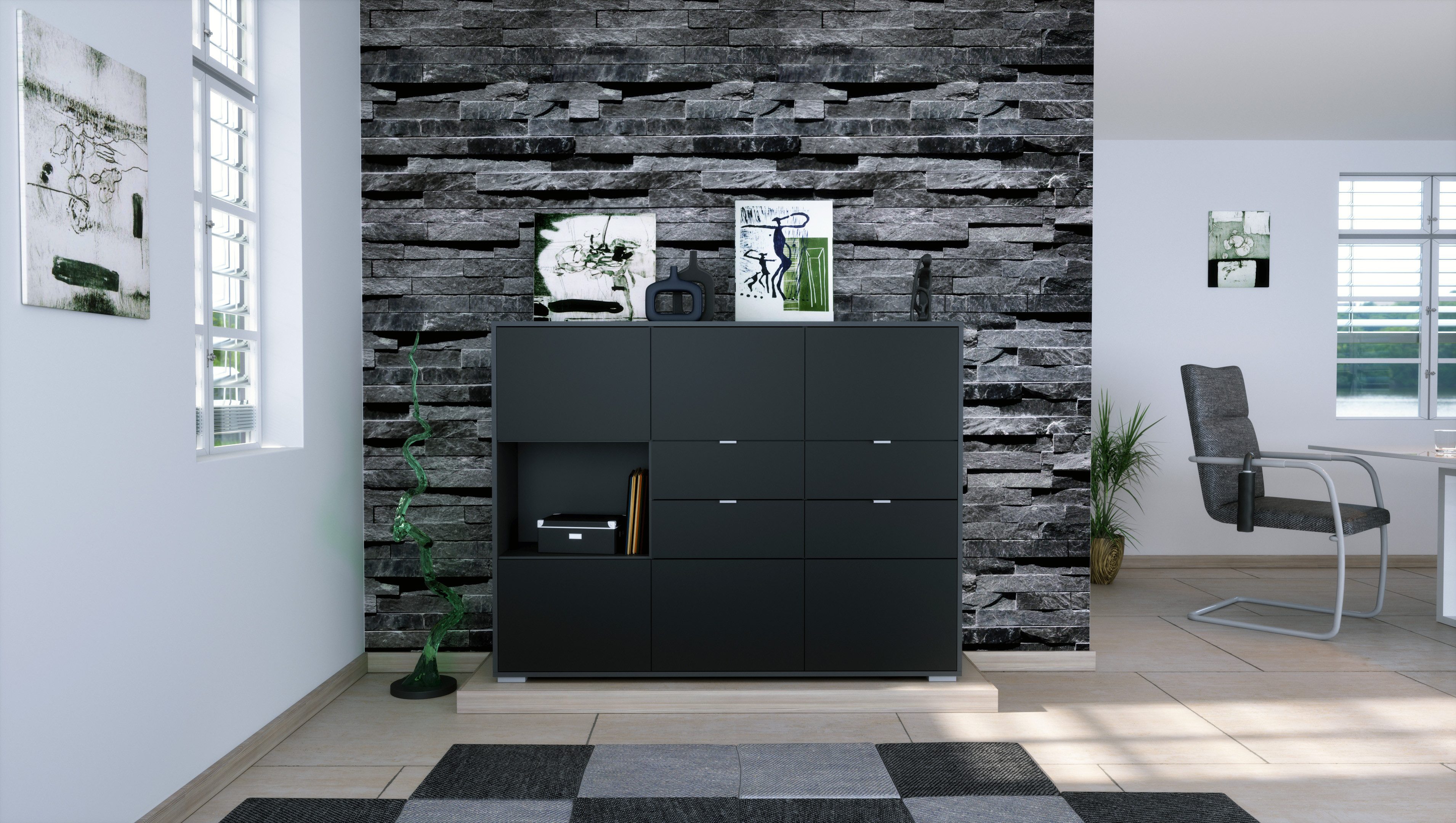 Vladon Highboard Milano (Highboard mit 6 Türen Schwarz matt, 4 Schubladen Schwarz matt, Made in Germany), Korpus Anthrazit matt (152,5 x 118 x 37 cm)