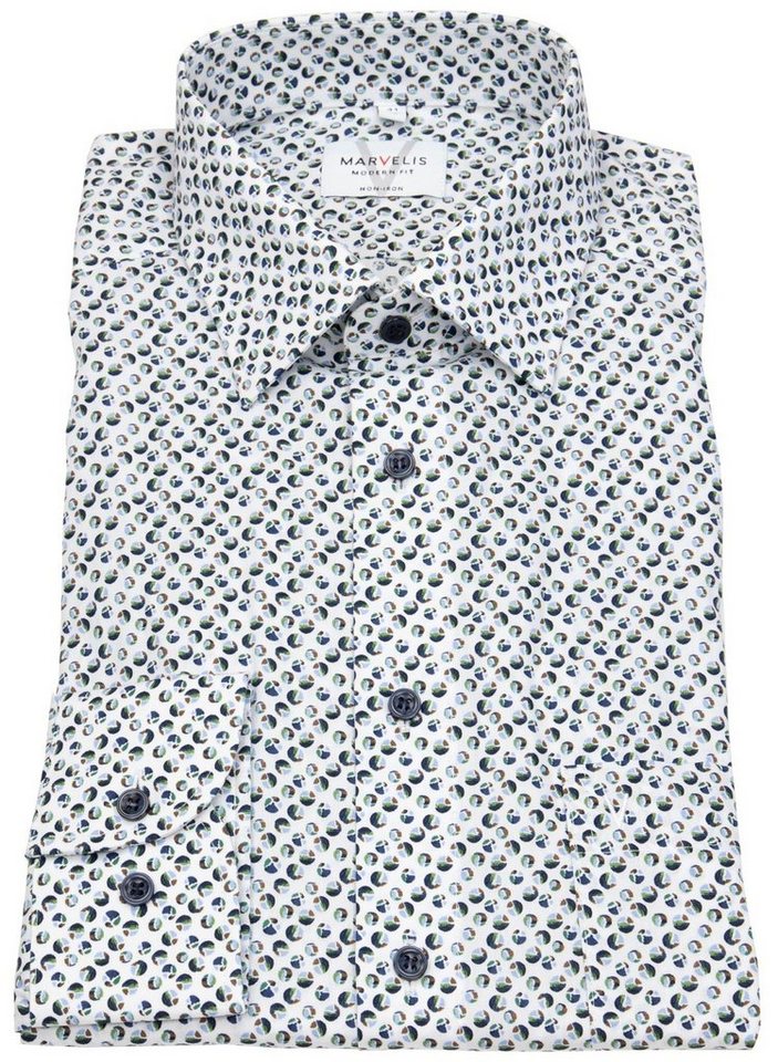 MARVELIS Langarmhemd Modern Fit leicht tailliert bügelfrei Kentkragen,  dunkelblaue Kontrastknöpfe