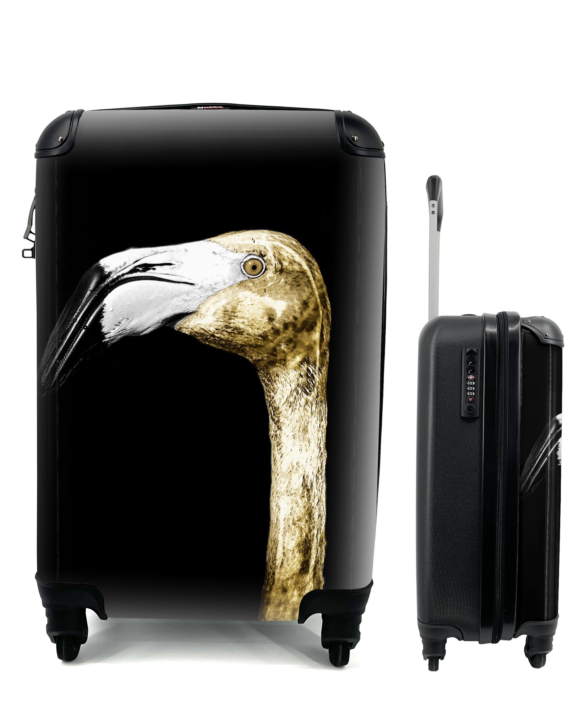 MuchoWow Handgepäckkoffer Flamingo - Gold - Porträt, 4 Rollen, Reisetasche mit rollen, Handgepäck für Ferien, Trolley, Reisekoffer