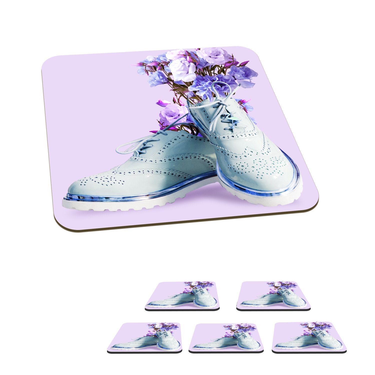 MuchoWow Glasuntersetzer Schuhe - Blumen - Lila - Blau, Zubehör für Gläser, 6-tlg., Glasuntersetzer, Tischuntersetzer, Korkuntersetzer, Untersetzer, Tasse