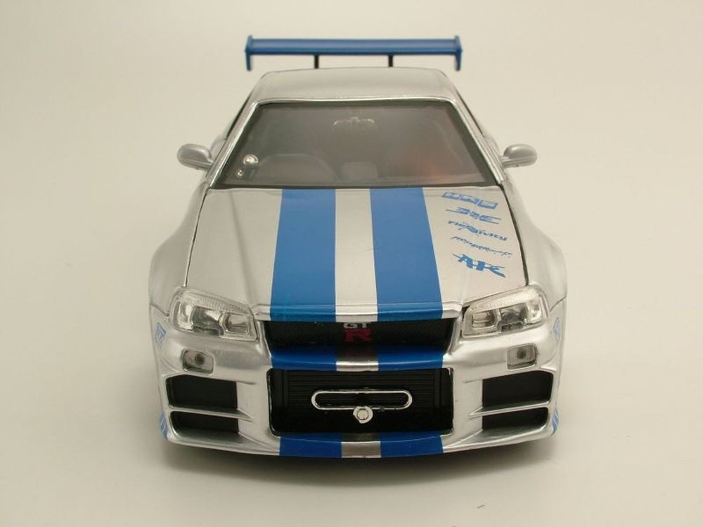 JADA model car Nissan Skyline GT-R R34 2002 silver blue Brian Fast & Furious, scale 1:24