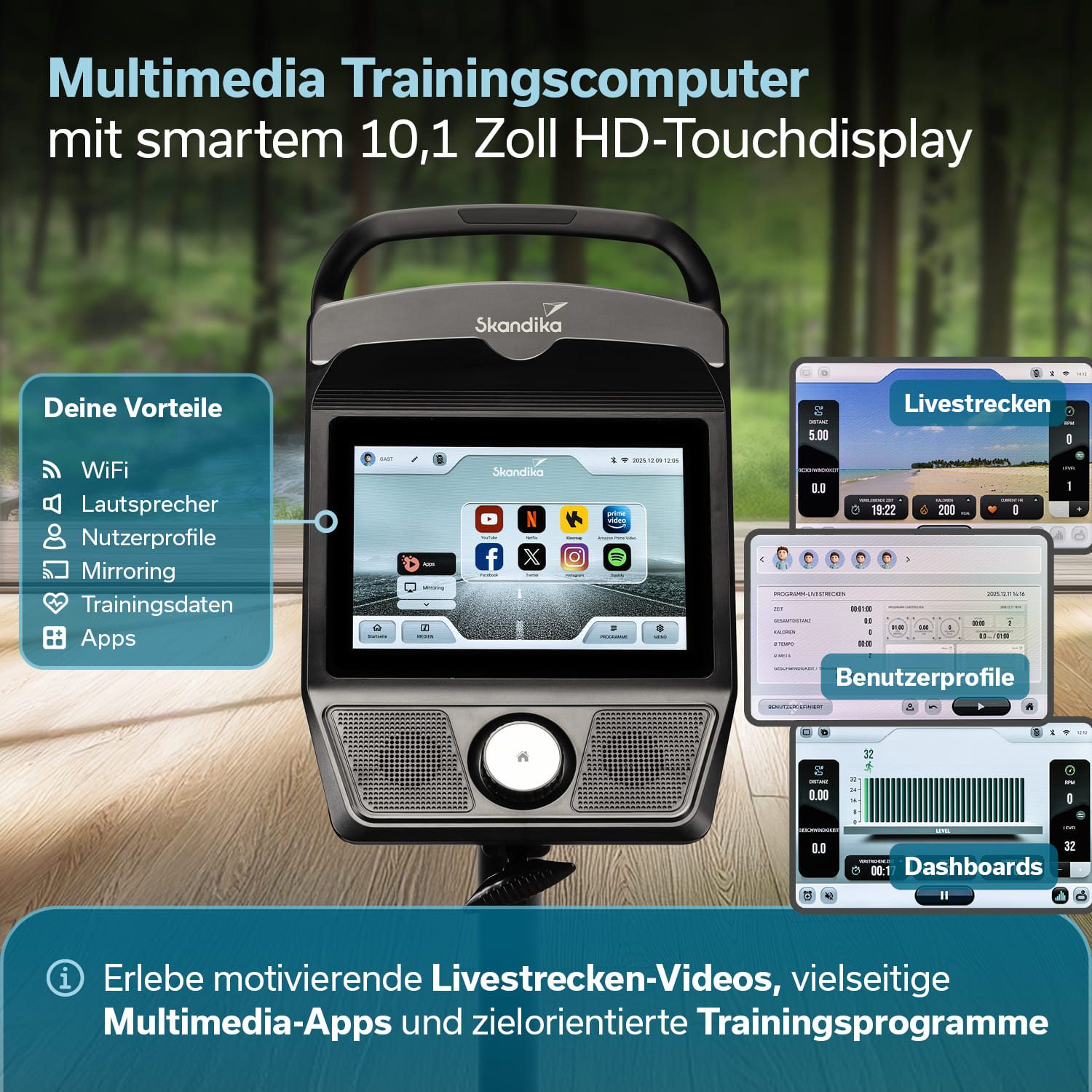Skandika Ergometer Cykling P15 Touchscreen, Heimtrainer Fahrrad mit LCD Touch Display (Kinomap App kompatibel, Transportrollen, Tablet-Halterung), vorinstallierte Apps, 28 Programme, Magnetbremse, 32 Stufen, bis 150kg