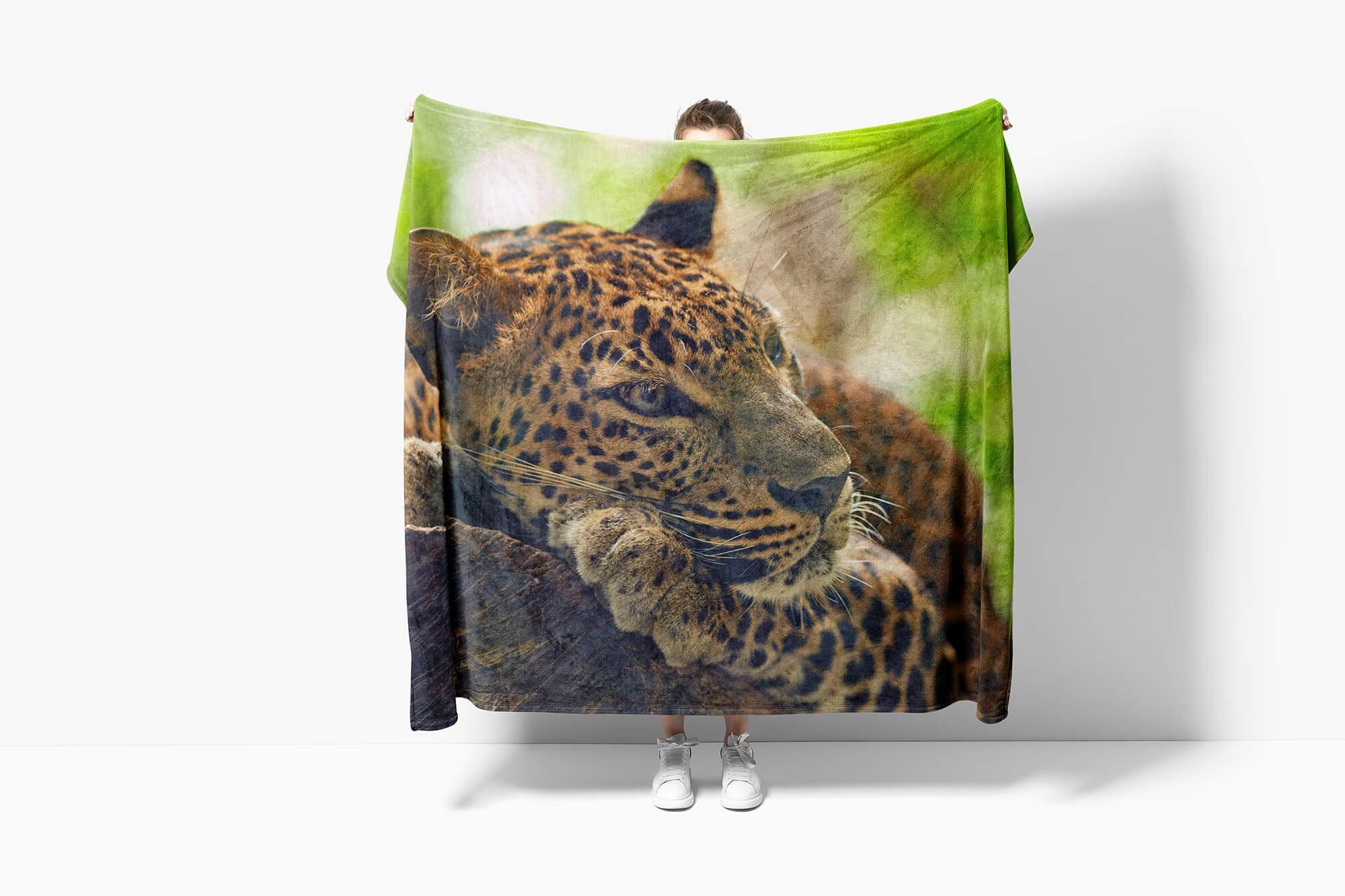 auf Strandhandtuch Tiermotiv Kuscheldecke mit Baum, Art Handtuch Handtücher Saunatuch Handtuch (1-St), Baumwolle-Polyester-Mix Jaguar Sinus