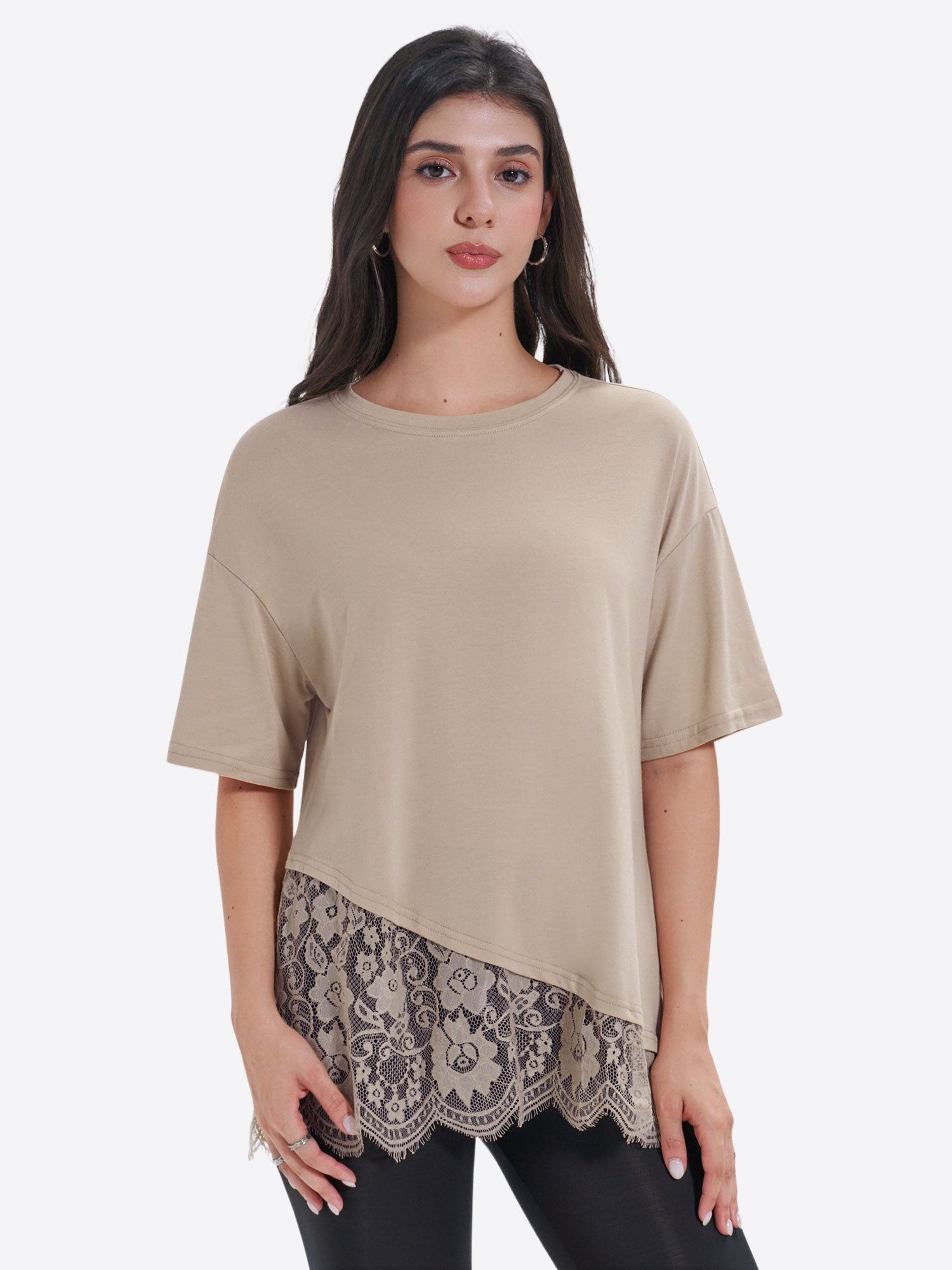 Imily Bela T-Shirt Damen Kurzarmtop mit Spitzensaum (Packung, 1-tlg., 1per-Pack) in Unifarbe