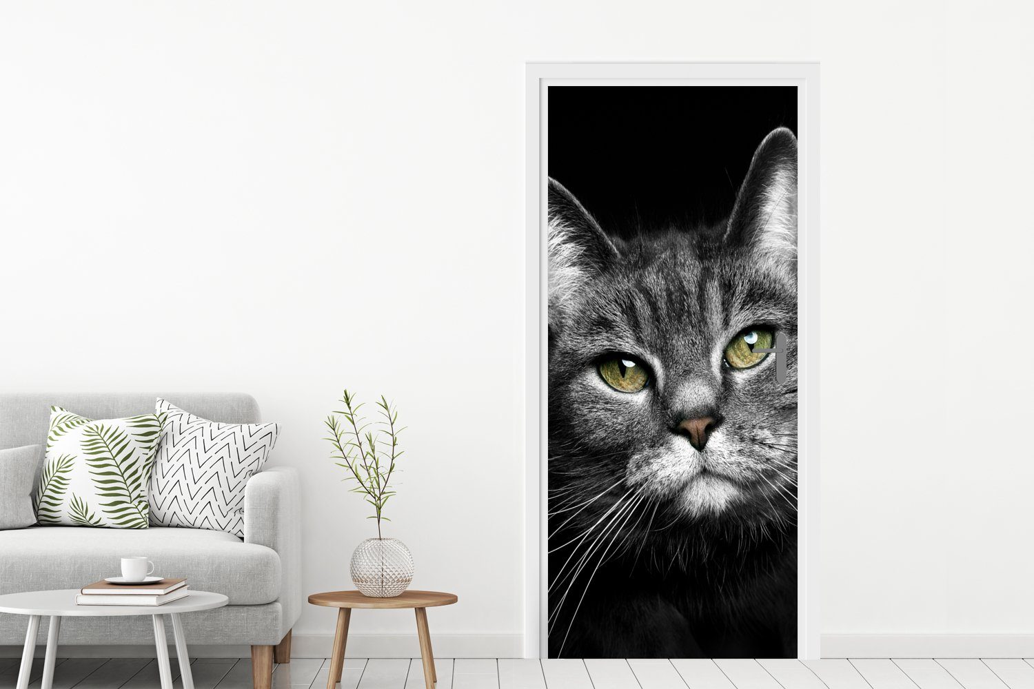 Schwarz Weiß, Fototapete - bedruckt, Türaufkleber, St), Katze für Matt, Türtapete 75x205 cm - Tür, Haustiere Tiere - - (1 MuchoWow