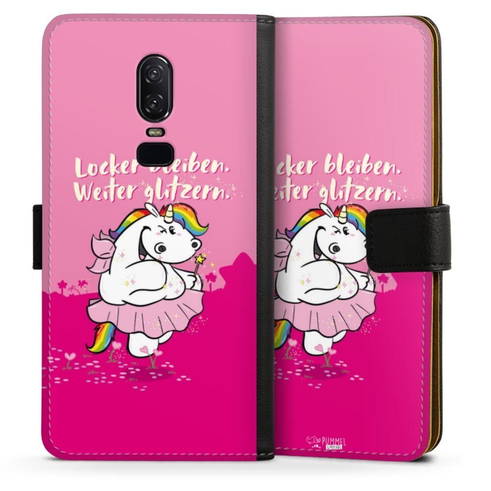 DeinDesign Handyhülle Pummelfee Locker Bleiben Weiter Glitzern, OnePlus 6 Hülle Handy Flip Case Wallet Cover Handytasche Leder