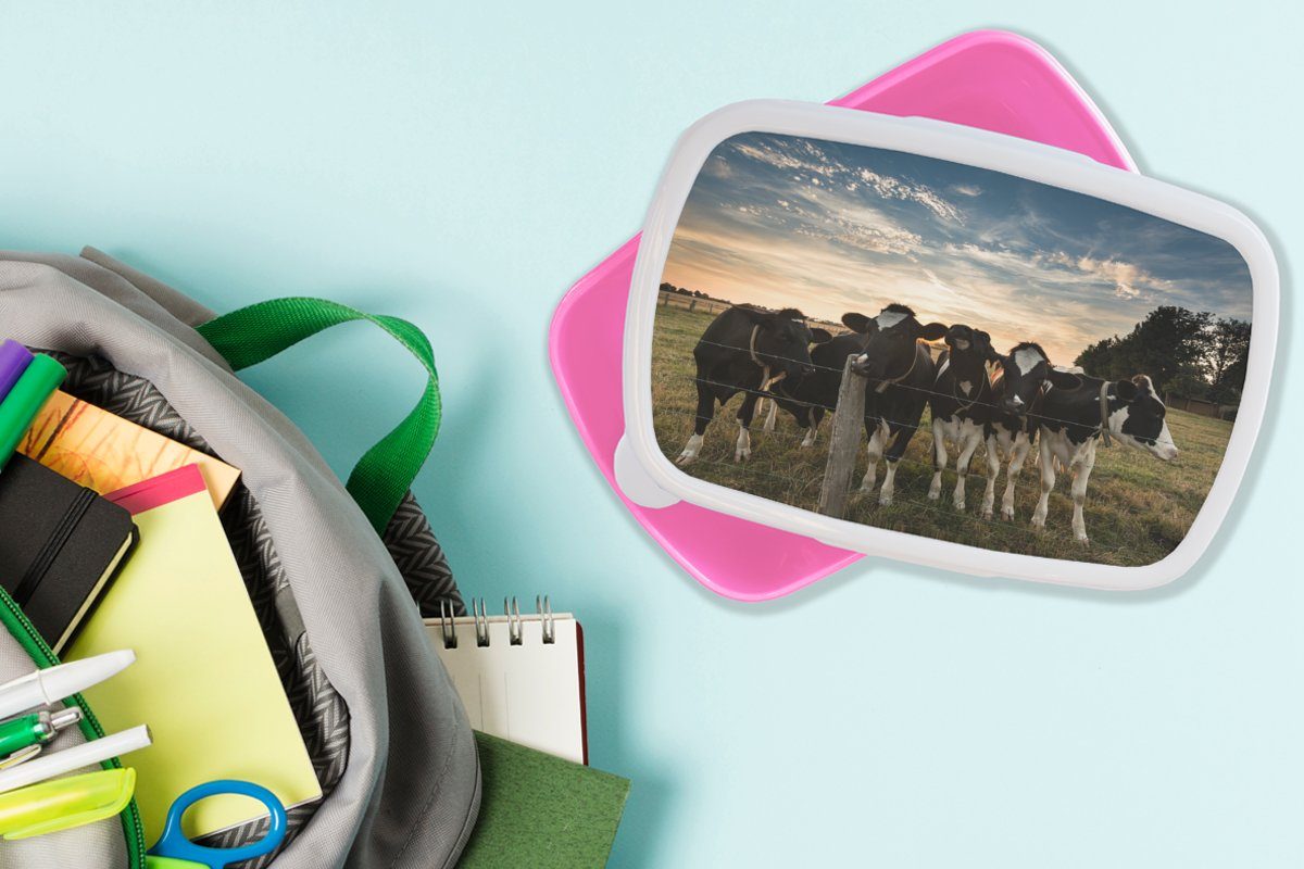 MuchoWow Lunchbox Kühe rosa Tiere Mädchen, für Brotbox Kunststoff, Brotdose Erwachsene, Snackbox, - Kinder, Bauernhof, (2-tlg), - Kunststoff
