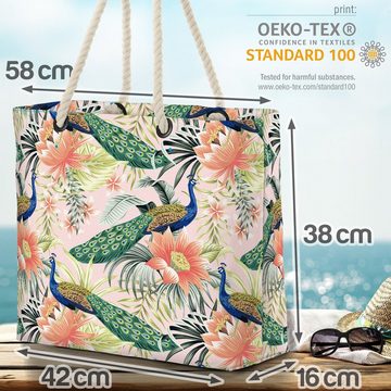 VOID Strandtasche (1-tlg), Tropenvogel Pfau Hibiskus Beach Bag Blumen-Muster geblümt floral Indien Afrika