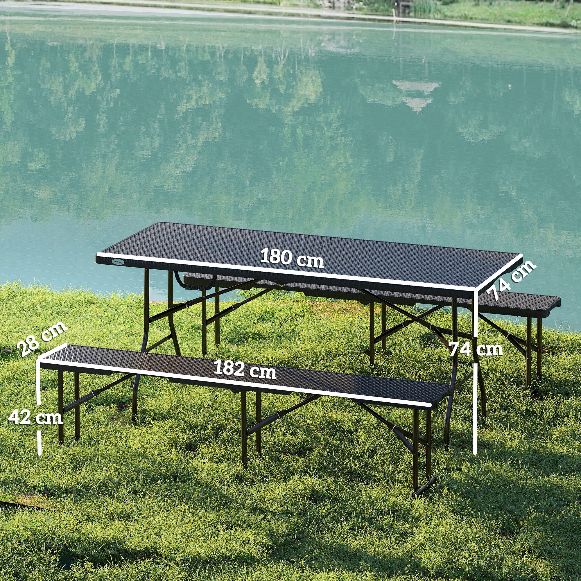 Outsunny Sitzgruppe Klappbares Picknicktisch- und Bank-Set, (Faltbarer Campingtisch mit Tragegriffen, 3-tlg., für drinnen und draußen), Kunststoff, Metall