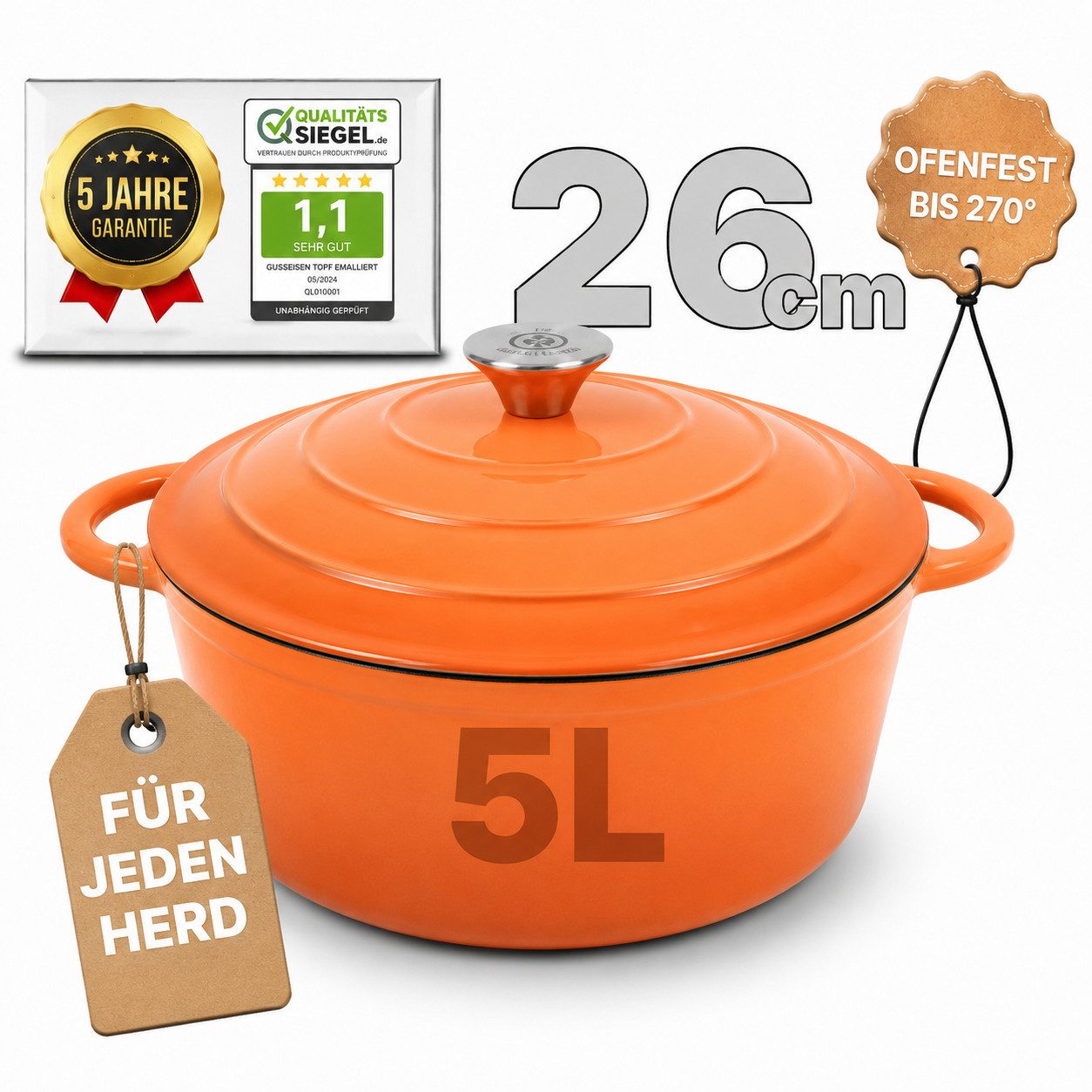 Ottia Schmortopf Gusseisen Topf lc, 26cm groß, 5L, Bräter, Brotbacktopf mit E-Book., Gusseisen, 3-fach Emaille, Händler aus Hamburg