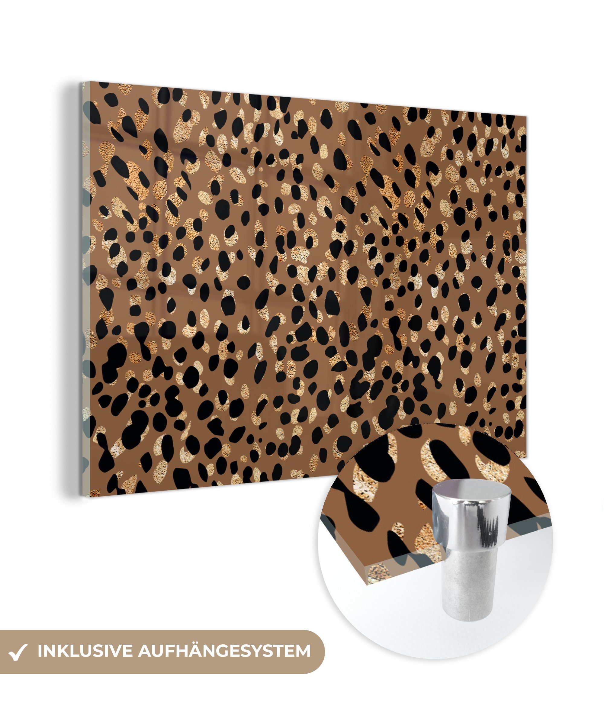 auf Gold Braun, Wandbild - - Bilder Foto Acrylglasbild - - Glas Tiermuster Leopard - (1 Glas Wanddekoration MuchoWow St), Glasbilder - auf