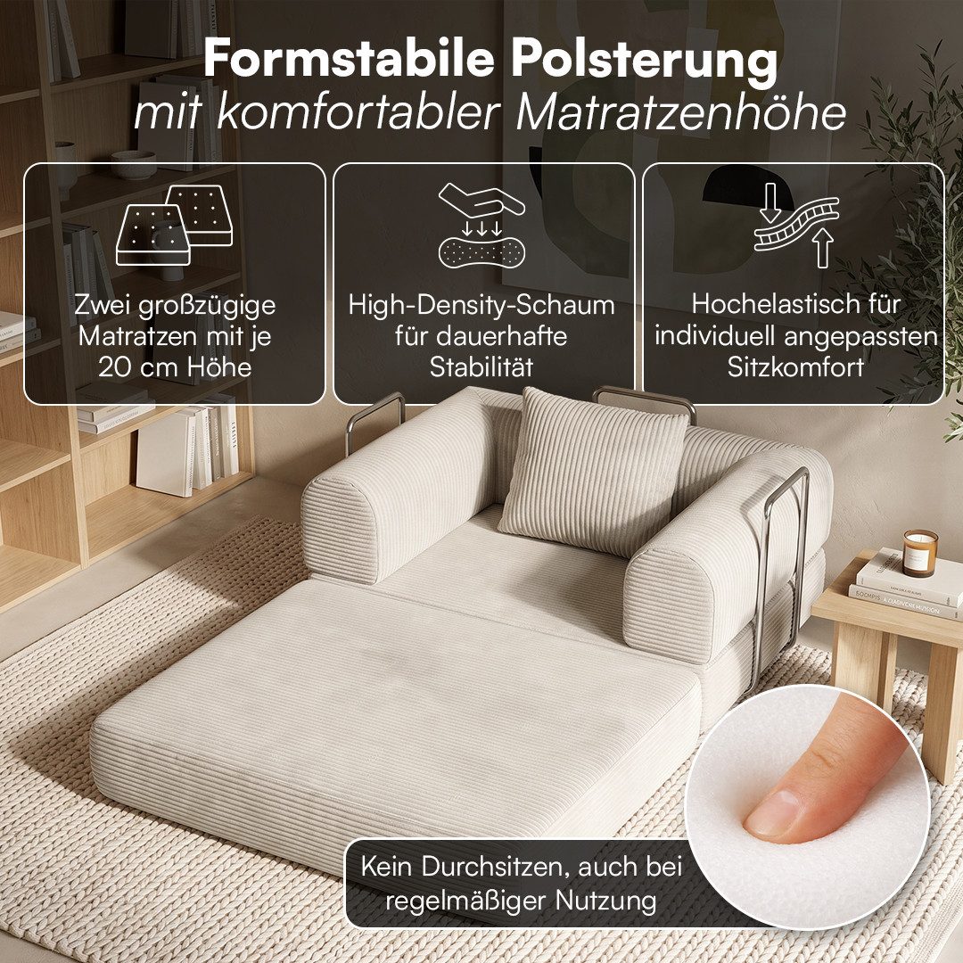 skølm Sofa & Sessel Lofn aus Vollschaum Cord, umwandelbar zum Schlafsofa/-Sessel, Beige, Cordsessel 115cm breit, 1 Sitzer, kein Aufbau erforderlich, vakuumiert