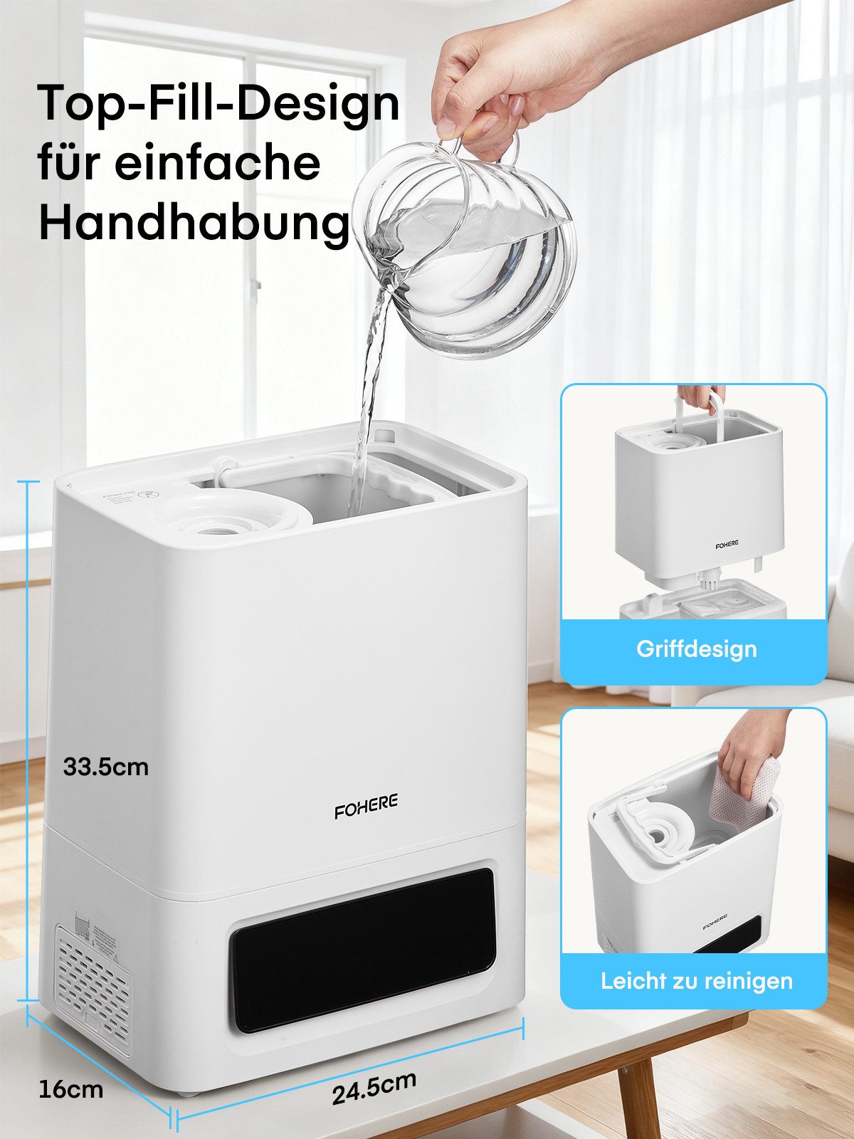 FOHERE Luftbefeuchter 60H Kaltnebel leiser Humidifier für Kinderzimmer, Pflanzen, 6 l Wassertank, 28dB Ultra Leise, Präziser Feuchtigkeitssensor, 16H Timer