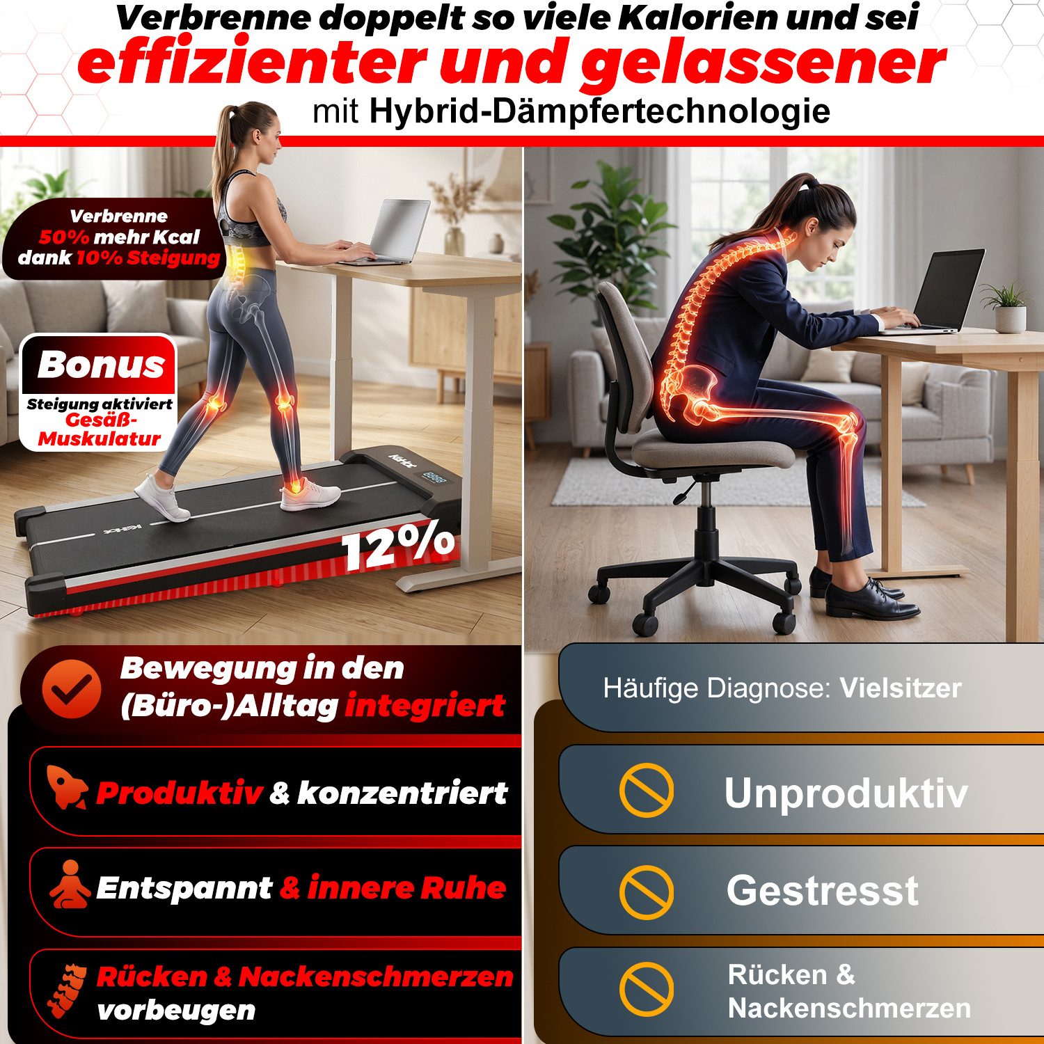 WILGOON Laufband Flaches WalkingPad mit 12% Steigung & Leisem Motor für Home & Office (Kompakte Laufplatte mit 1–6 km/h,Bluetooth-APP,Gelenkschonendem Design, 40×95 cm Lauffläche, LED-Display für Zeit, Distanz, Kalorien & Tempo), Stabile Konstruktion bis 100 kg,ideal zum Gehen unter dem Schreibtisch