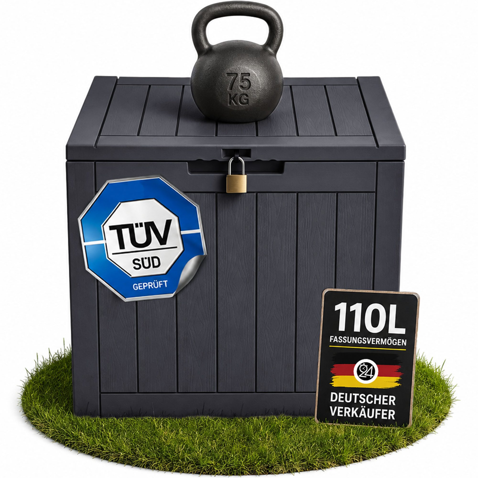 ONDIS24 Gartenbox City Cube Holzoptik Kissenbox Poolbox Sitztruhe 110L, UV,- und witterungsbeständig, abschließbar
