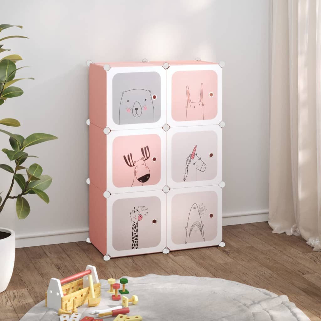 furnicato Schuhschrank Kinder Würfelregal 74x36,5x108 cm Rosa aus PP-Kunststoff und Stahl (1-St) Stapelbares Spielzeugregal mit 6 Türen und wasserfesten Paneelen
