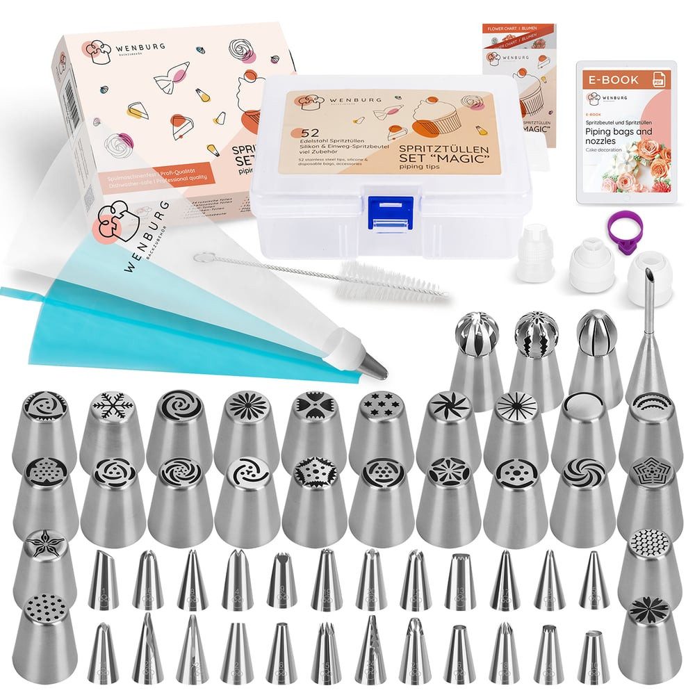 Wenburg Spritzbeutel Spritzbeutel-Set 10-tlg. Backdekor rostfreies Edelstahl (100-tlg) Torten Kuchen Muffins Cupcakes Kupplungen Spritztüllen Sahne Creme