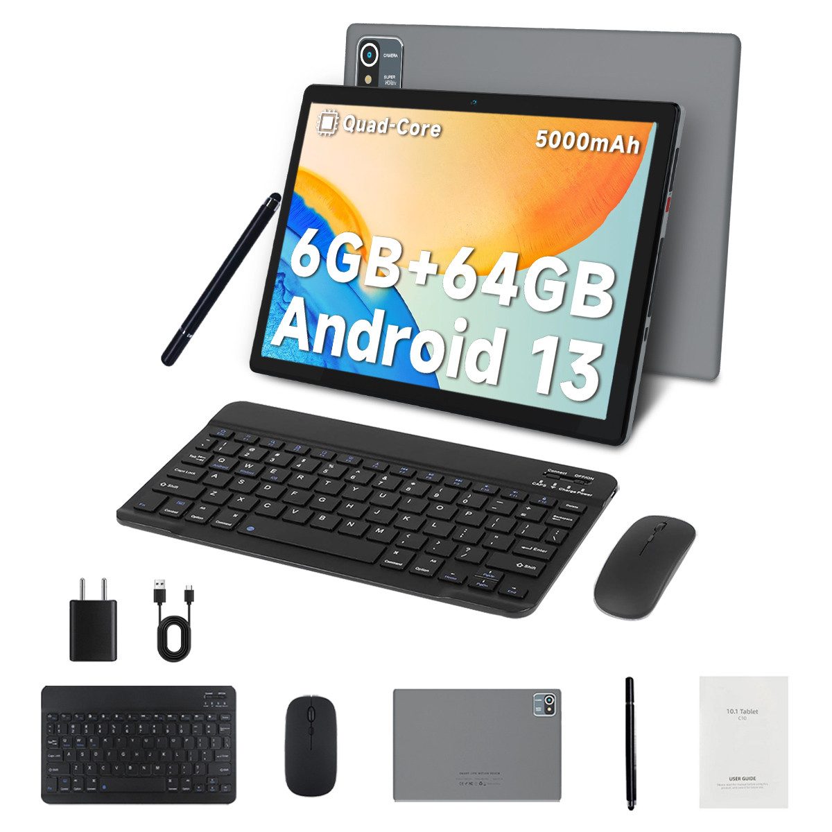 Happybe Tablet mit Maus Tastatur Stift, Weihnachtsgeschenk Geburtstagsgeschenk Tablet (10", 64 GB, Dual-Kamera)