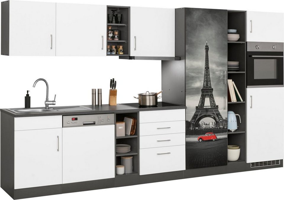 HELD MÖBEL Küchenzeile Paris, mit E-Geräten, Breite 350 cm, wahlweise mit  Induktionskochfeld, Bietet hochwertige Motive im Digitaldruck